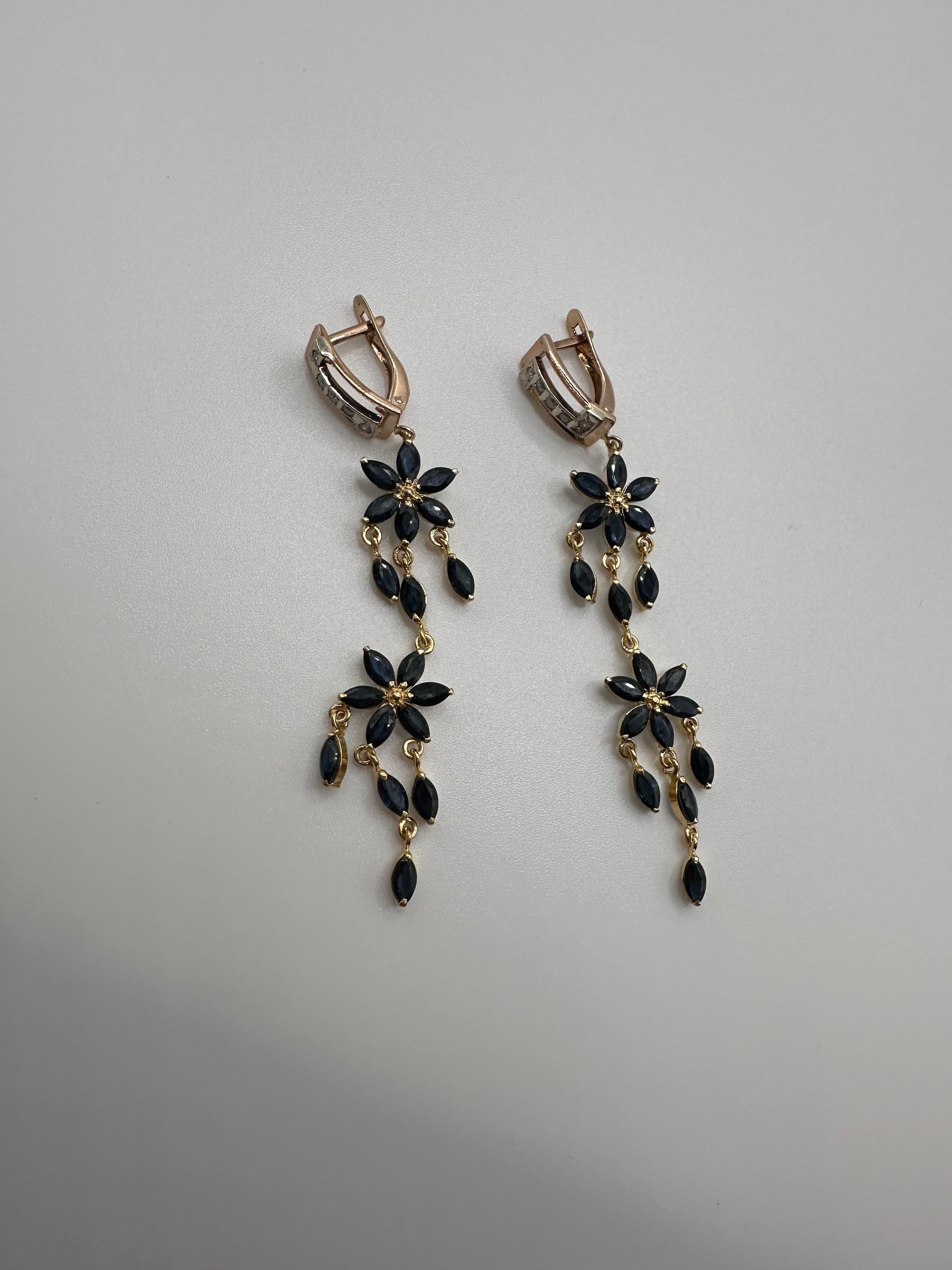 Women's or Men's Art Deco earrings sapphire & diamond earrings chandelier earrings 14kt gold For Sale