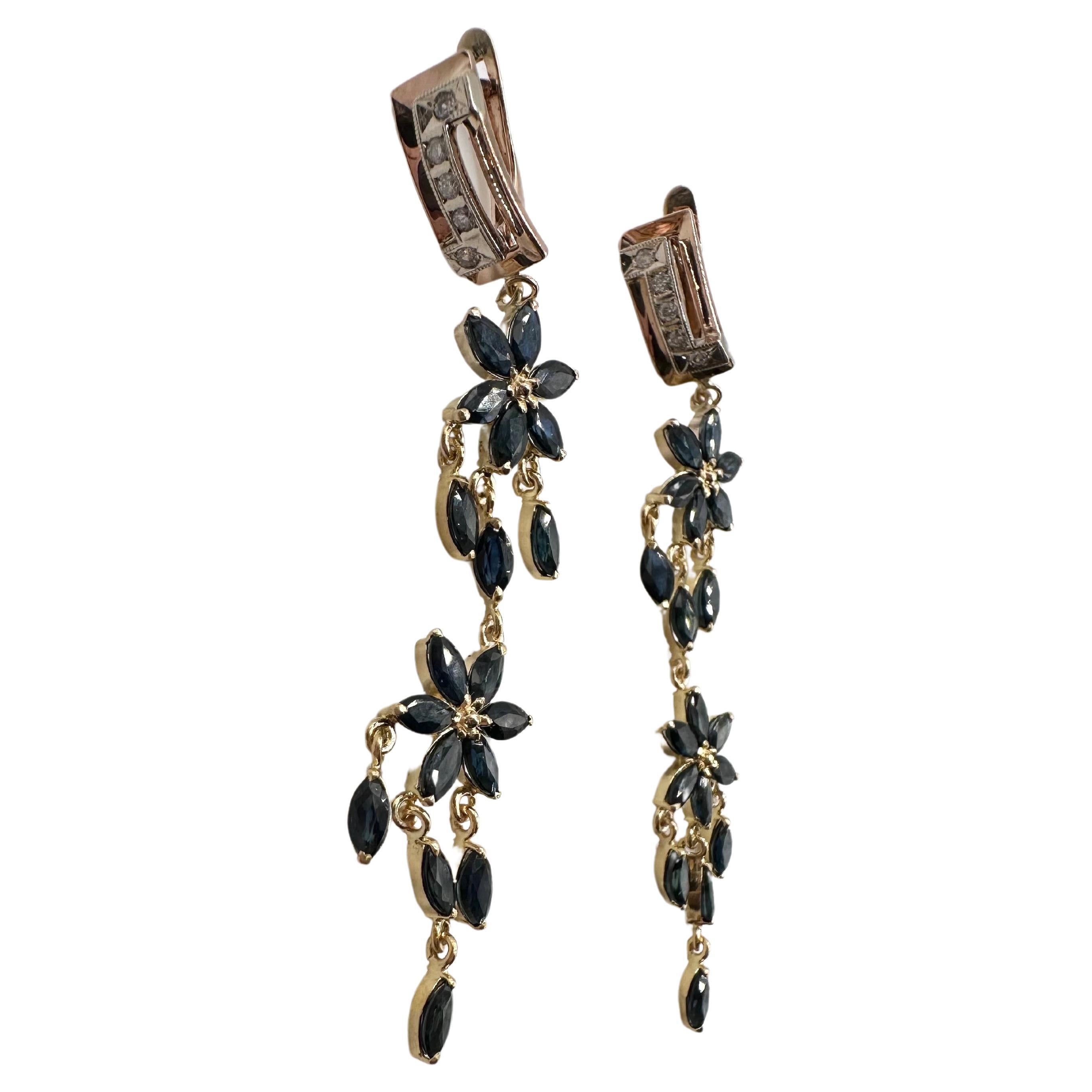 Boucles d'oreilles chandelier Art déco en or 14 carats saphir et diamants