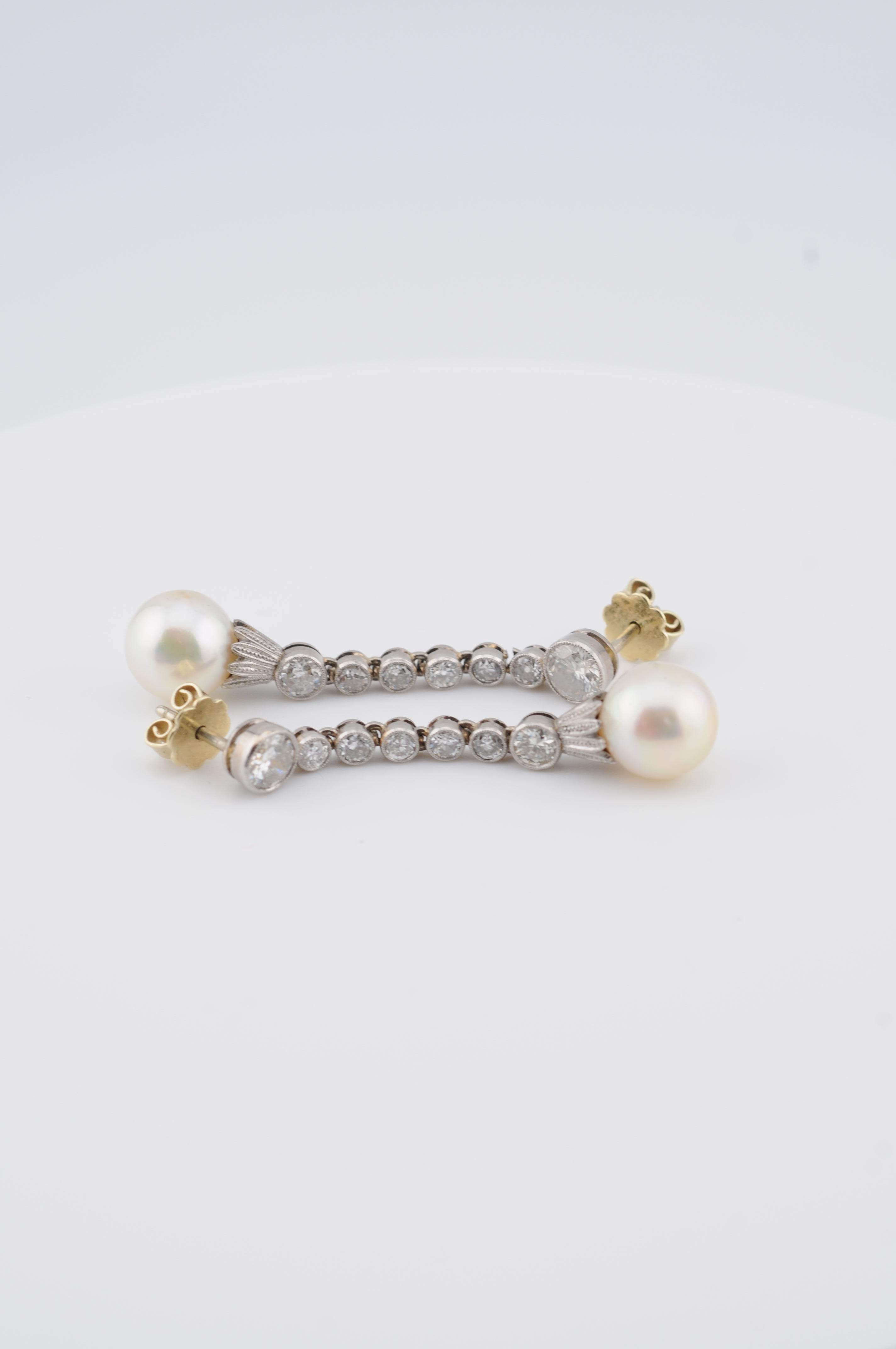 Taille brillant Boucles d'oreilles Art déco avec diamants taille ancienne et perles de culture des mers du Sud en vente