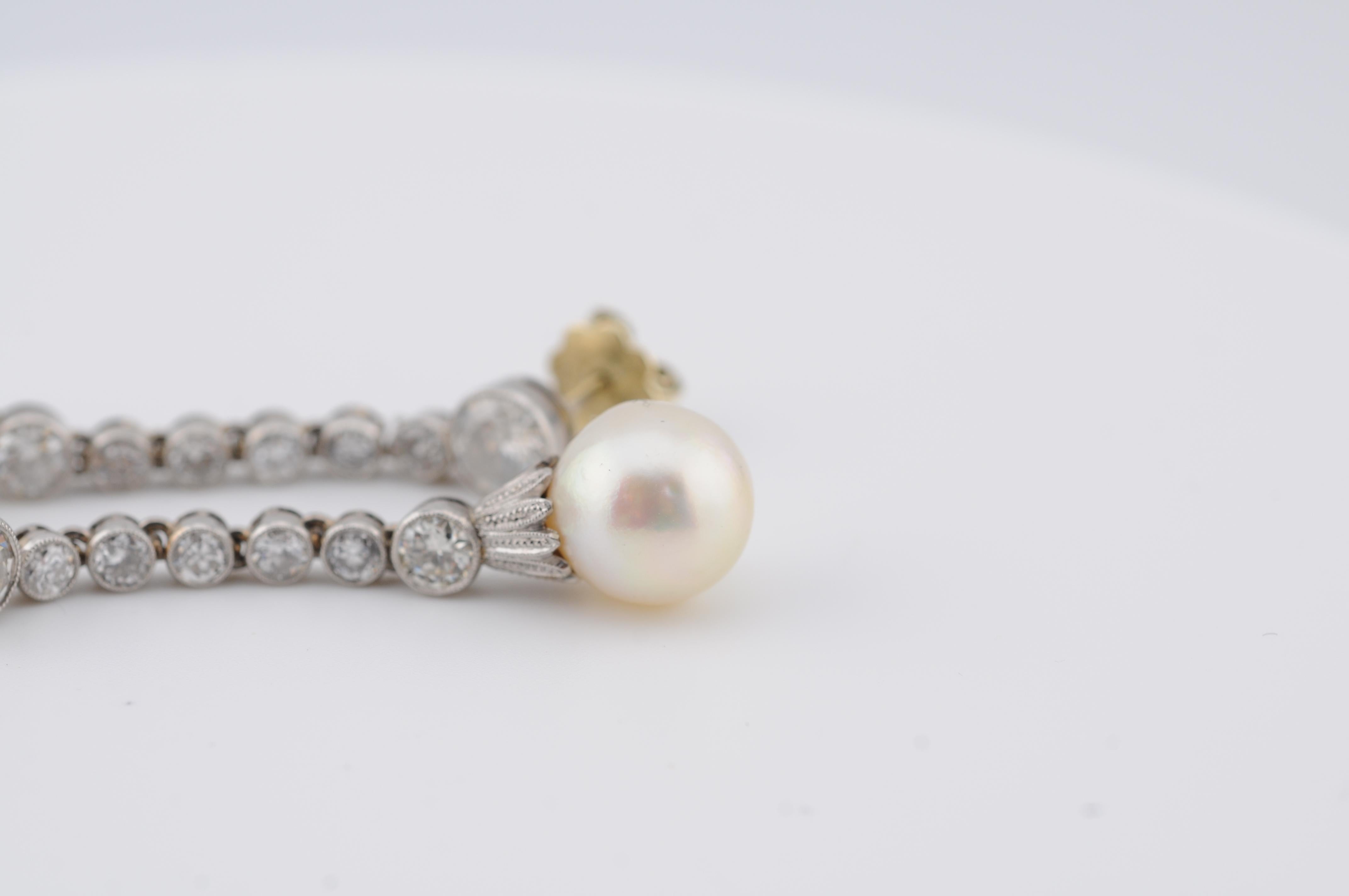 Boucles d'oreilles Art déco avec diamants taille ancienne et perles de culture des mers du Sud Unisexe en vente