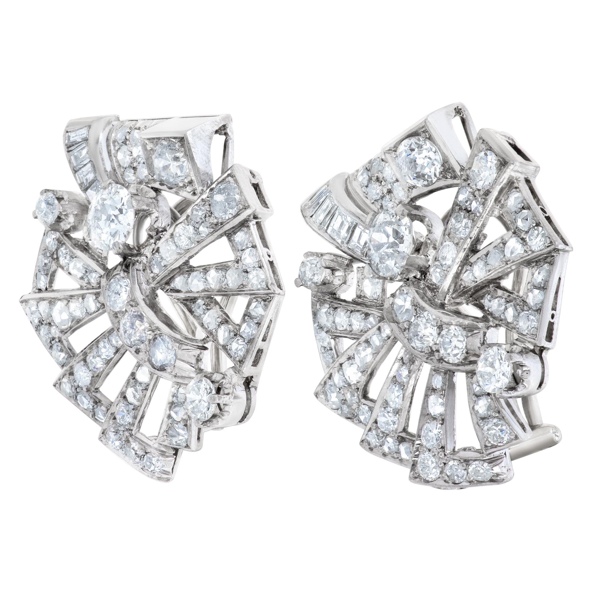 Art Deco Style pair of earrings with over 5 carats rose cut, European & baguette diamonds set in 18k white gold. Post Omega clip for added security. All diamonds are white and eye clean. Hanging length 1.10 inches. Width 29mm.
