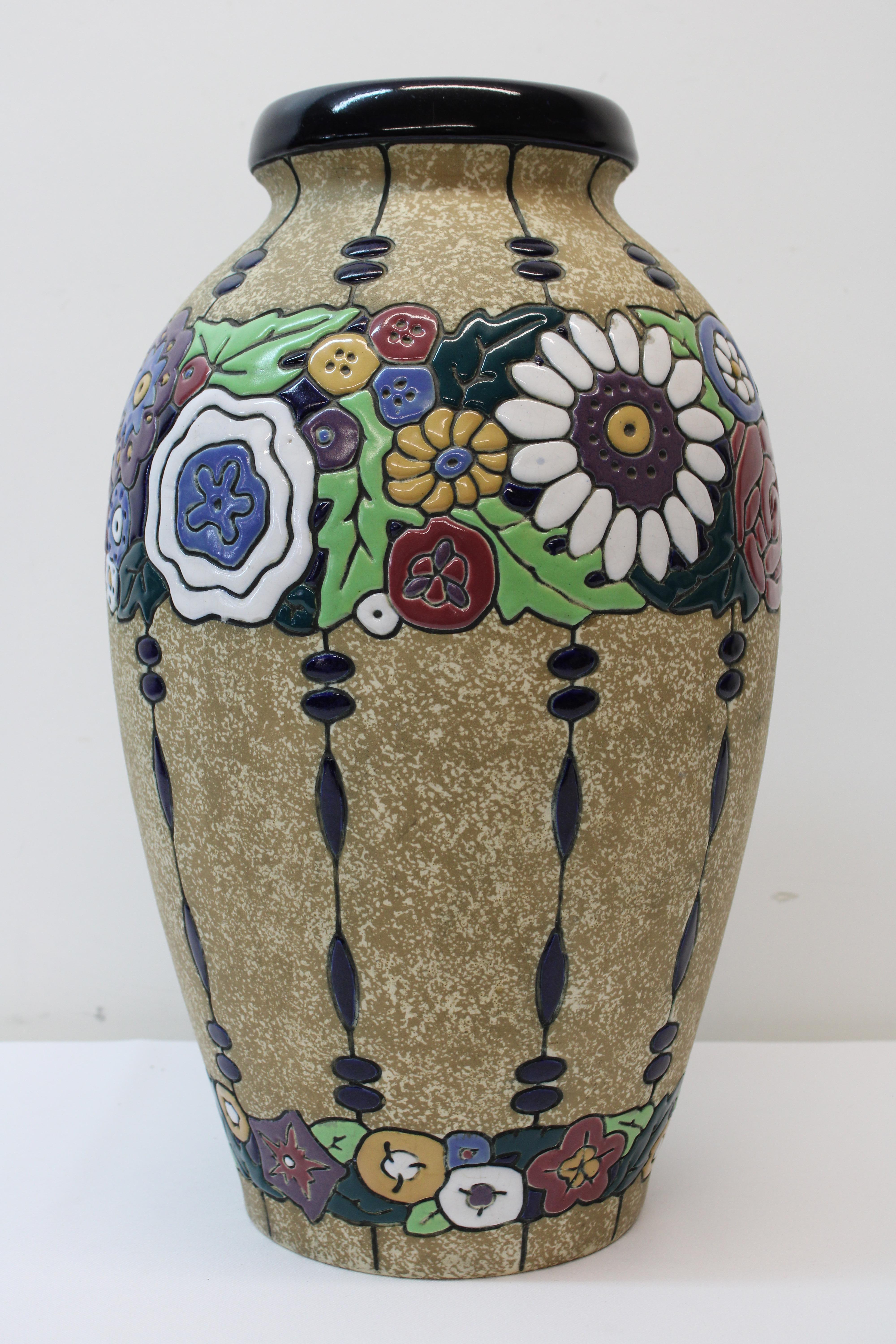 20th Century Art Deco Earthenware Flower Motif Vase For Sale