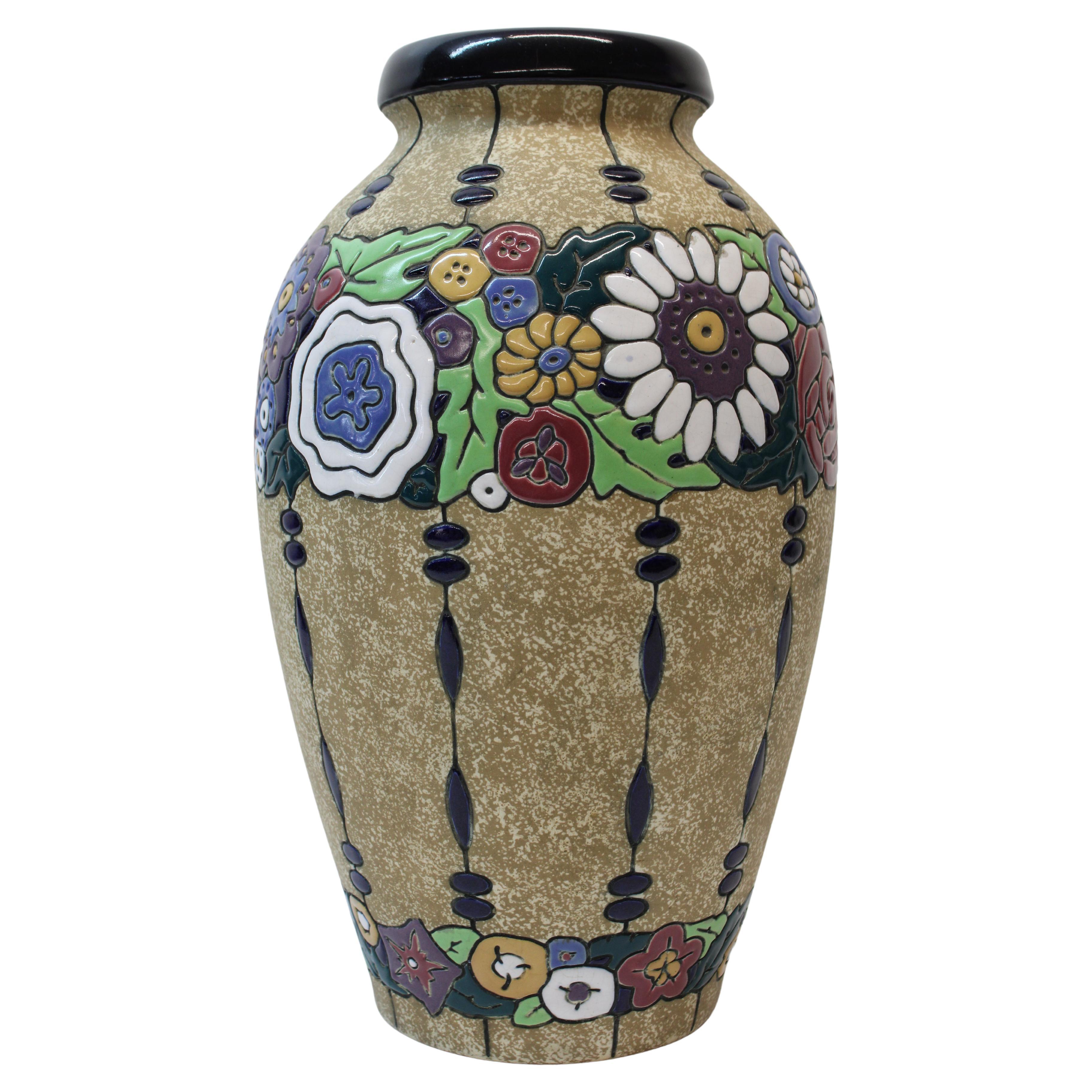 Art Deco Earthenware Flower Motif Vase For Sale
