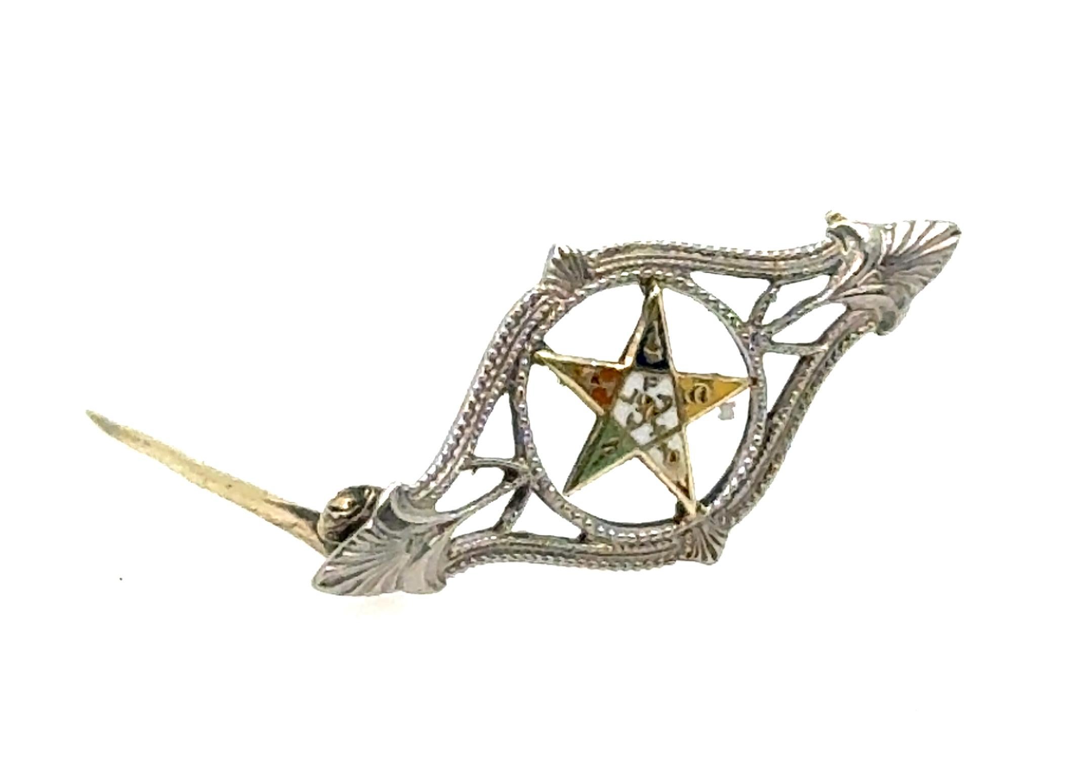 Art déco Broche ancienne Art Déco étoile Masonique Mason émaillée en or 14 carats en vente