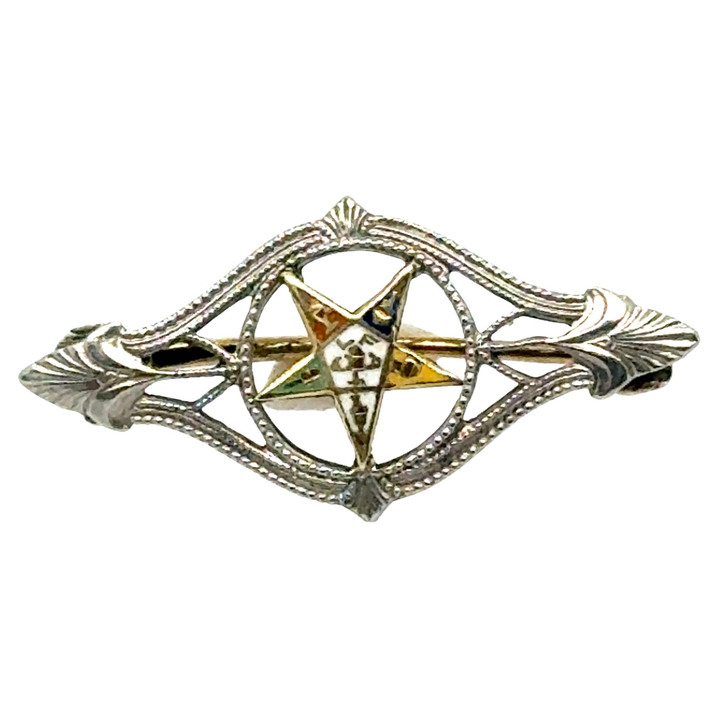 Spilla con smalto in oro 14K Art Deco Eastern Star Masonic Mason Antique