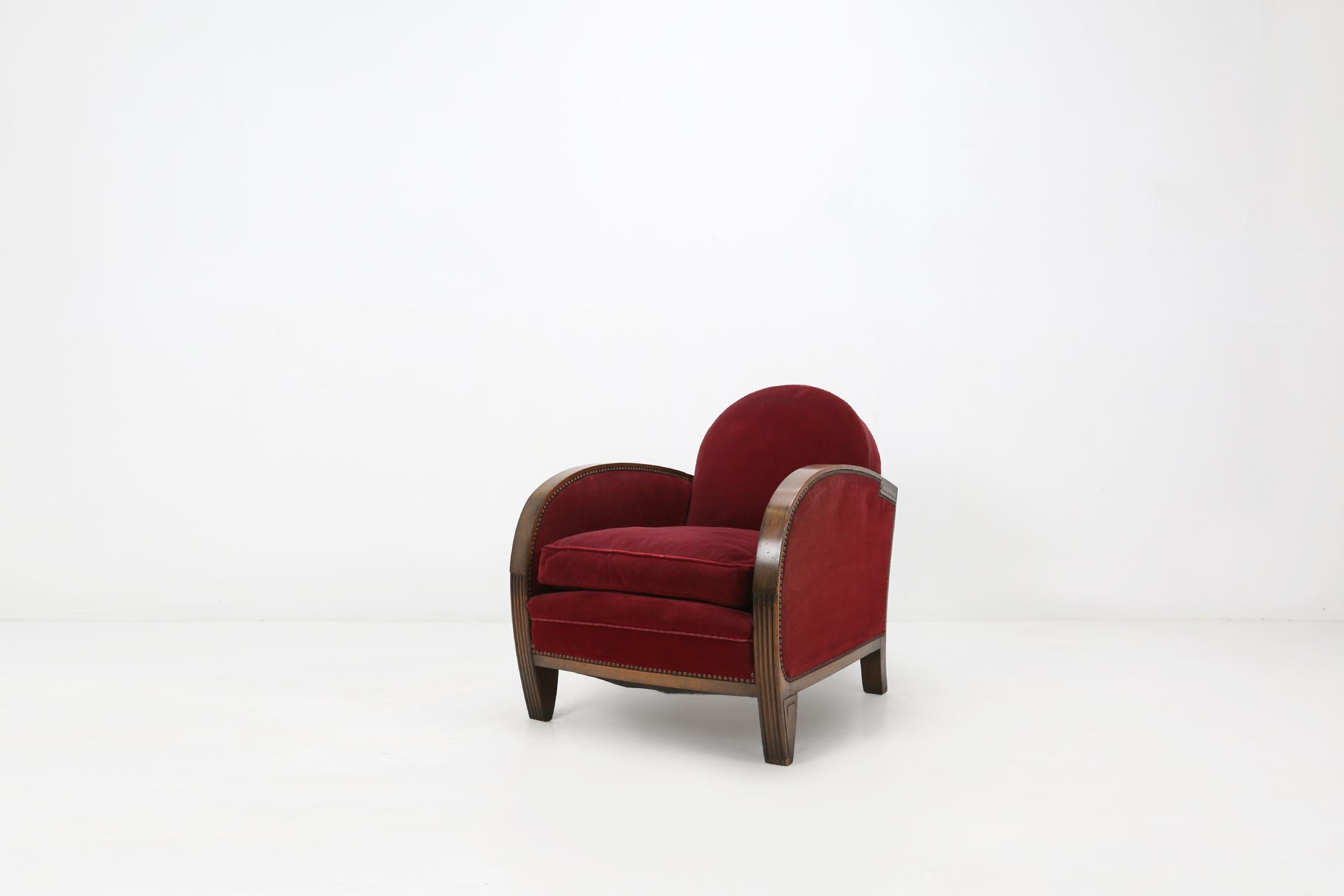 Art Deco Easy Chair in Red Velvet at 1stDibs