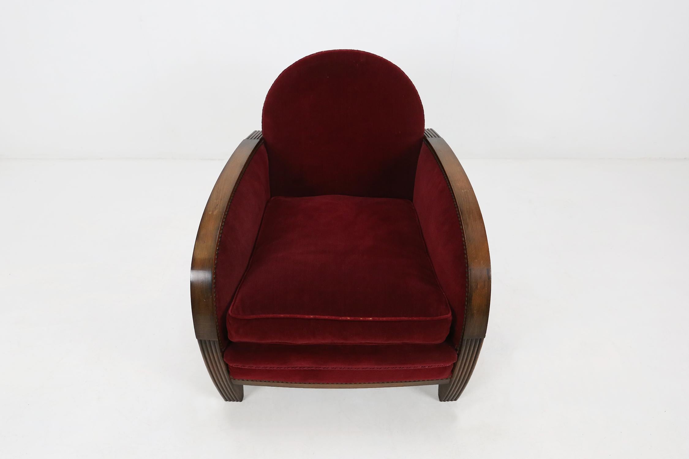 Art Deco Easy Chair in Red Velvet at 1stDibs