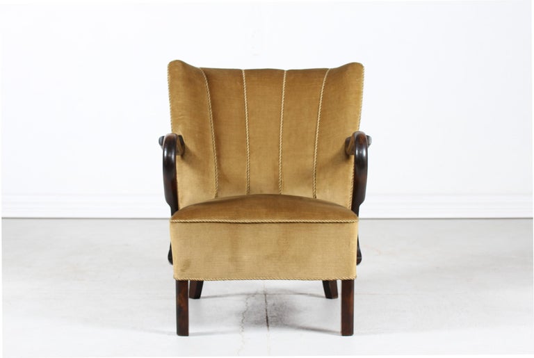 Art Deco Easy Chair with Golden Velour Danish Furniture Maker 1930's
