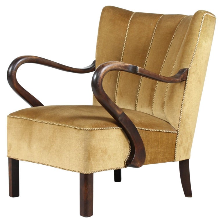 Art Deco Easy Chair with Golden Velour Danish Furniture Maker 1930's
