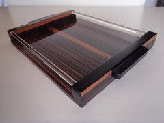 Plateau de service Art Déco Ebene De Macassar avec verre