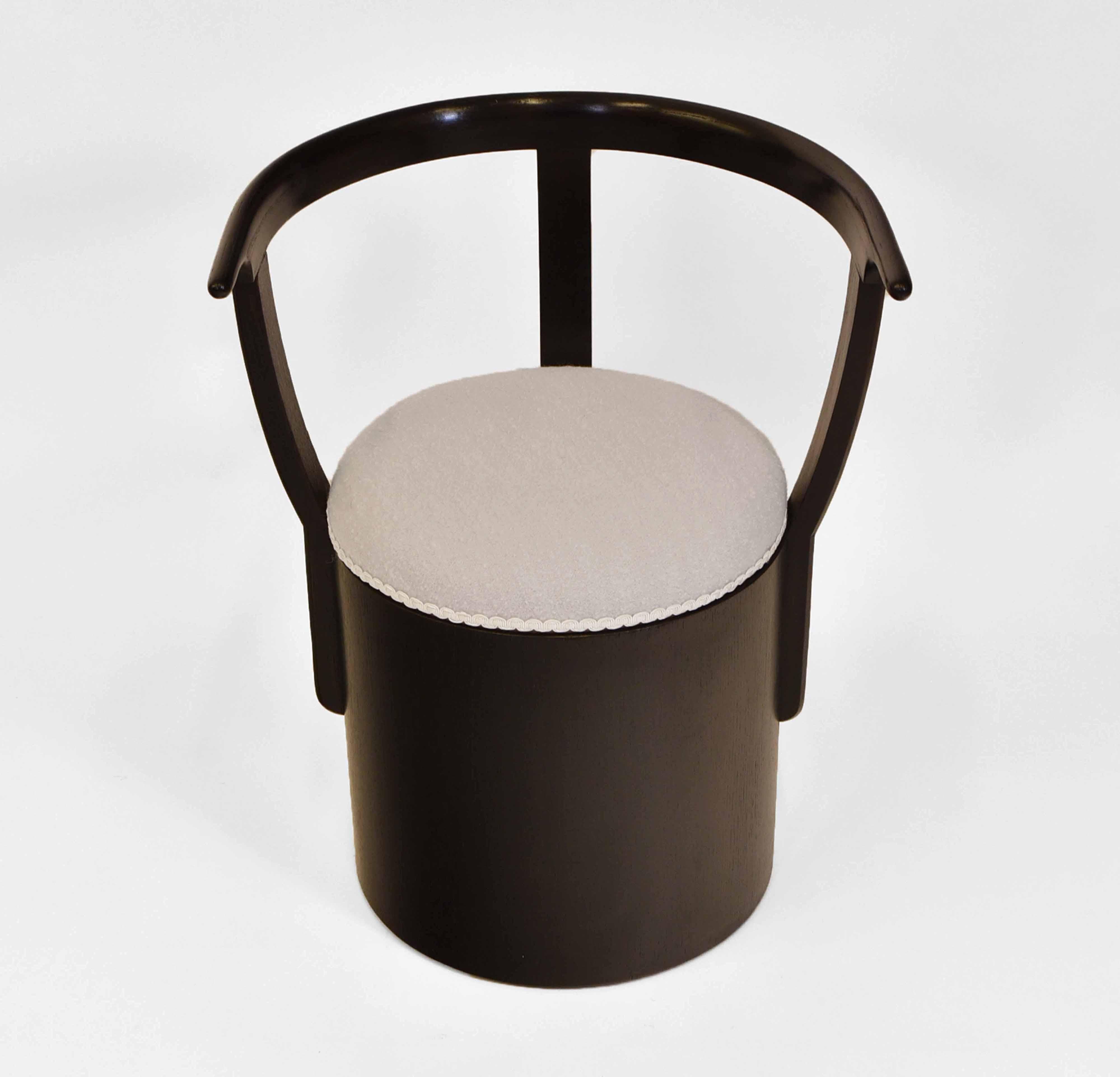 British Art Deco Ebonised Vanity Stool Bouclé Wool Dressing Cylindrical Form Tub Chair