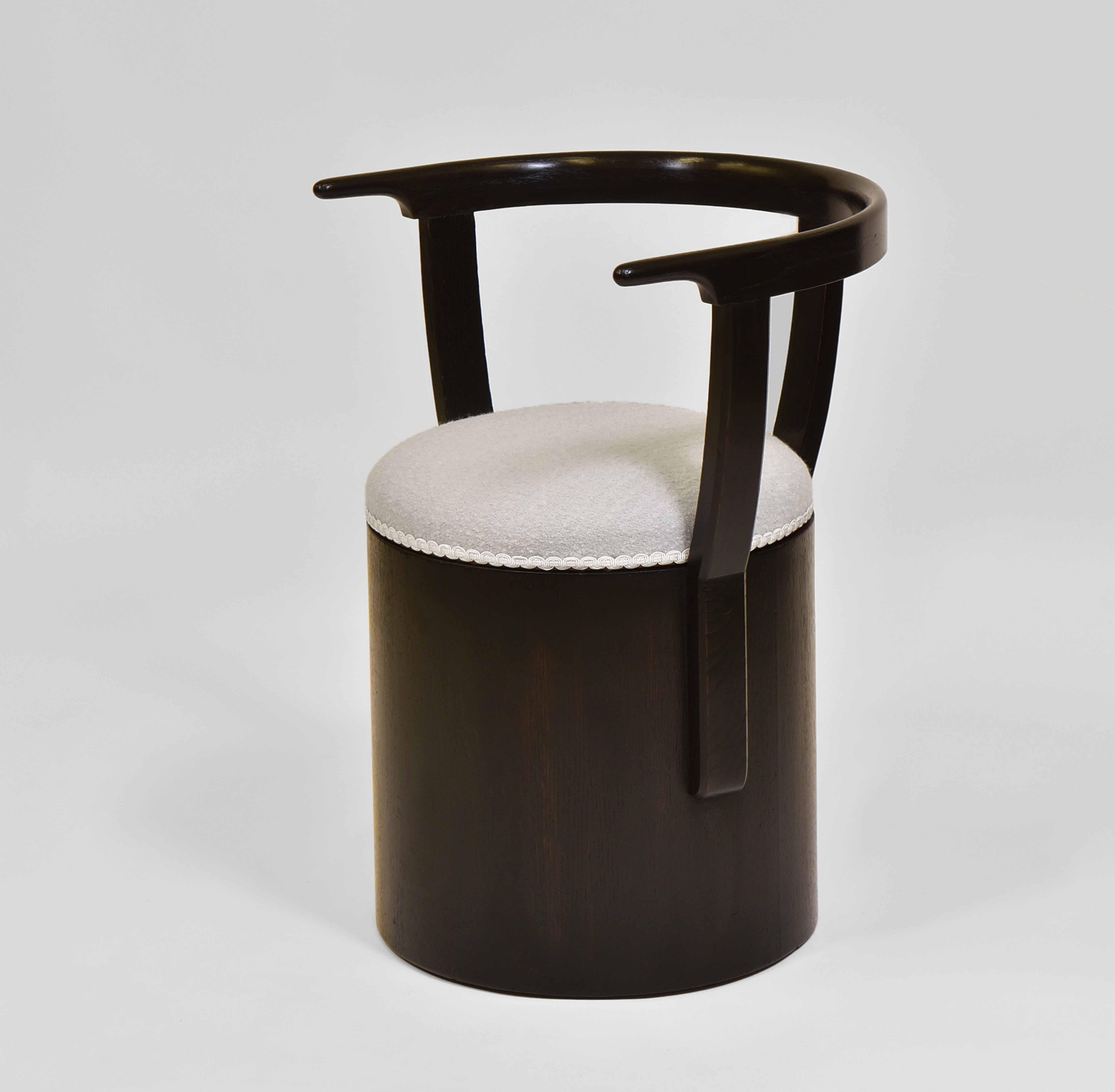 Ebonized Art Deco Ebonised Vanity Stool Bouclé Wool Dressing Cylindrical Form Tub Chair