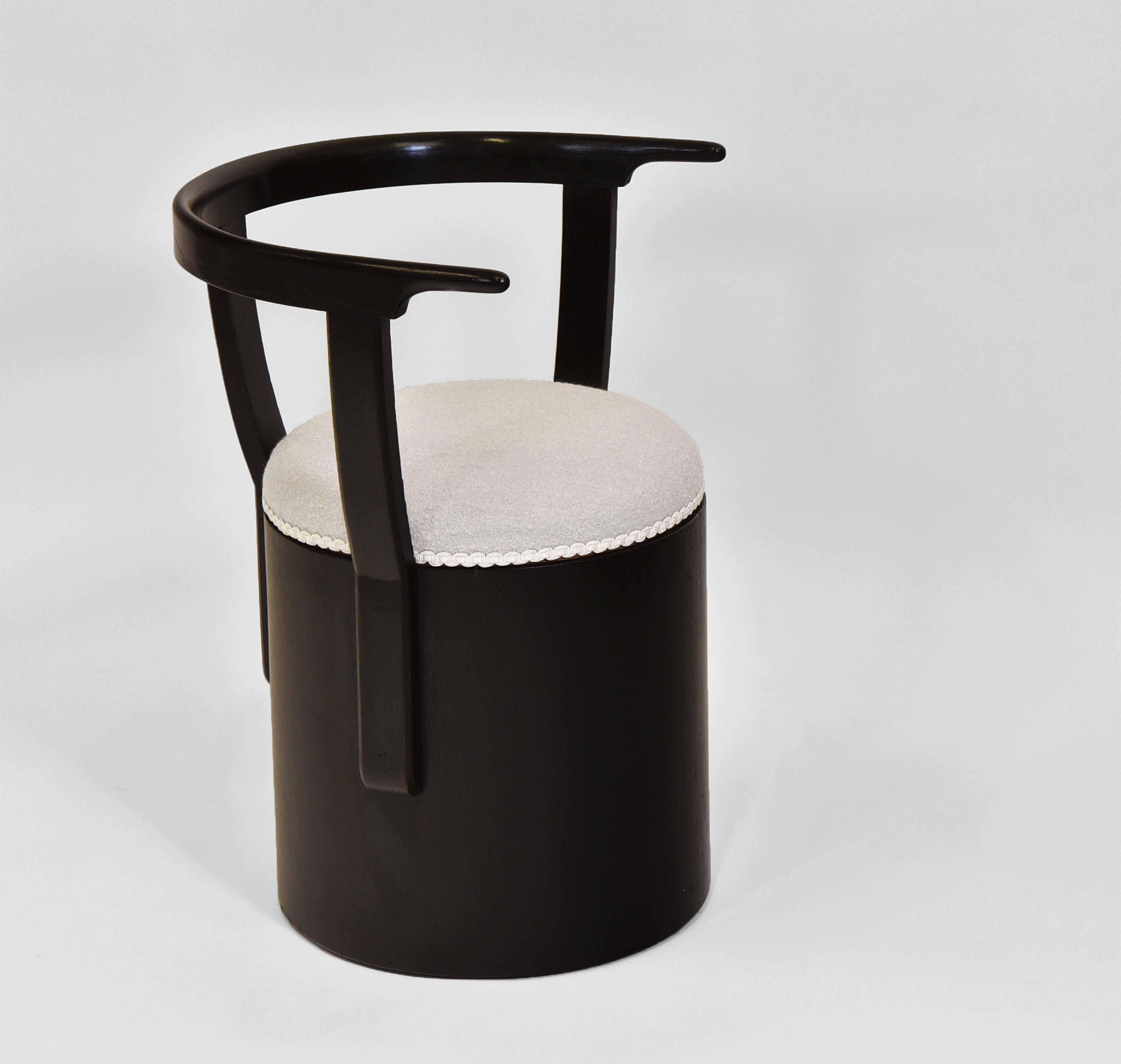Art Deco Ebonised Vanity Stool Bouclé Wool Dressing Cylindrical Form Tub Chair 3