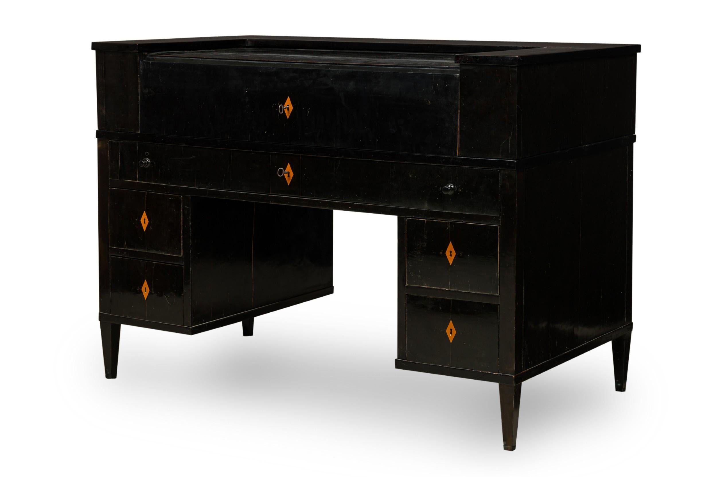 Wood Art Deco Ebonized Pearwood Two-Tier Tambour Top Writing Desk For Sale