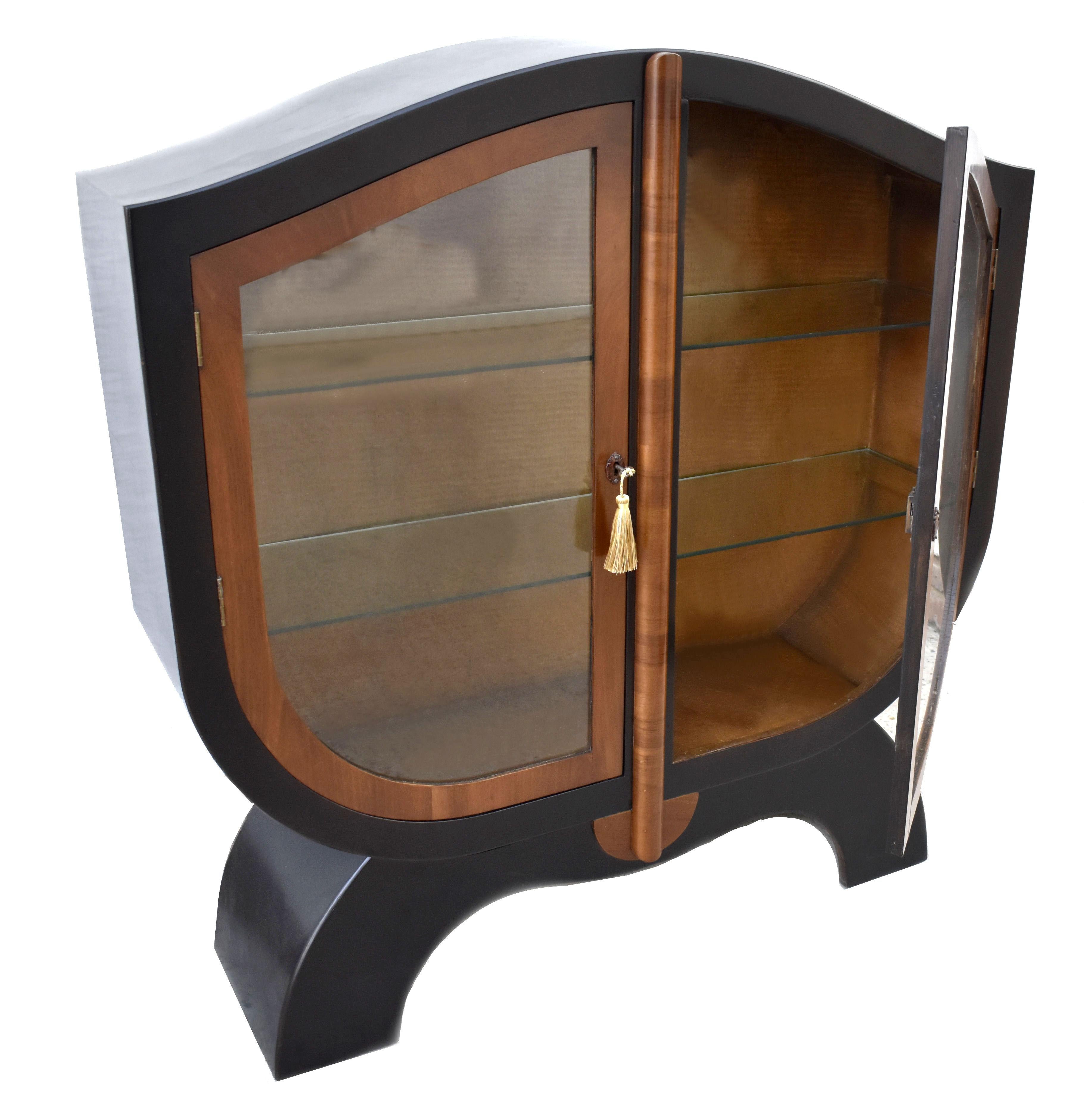 20th Century Art Deco Ebonized & Walnut Glass Vitrine Cabinet, English, c1930