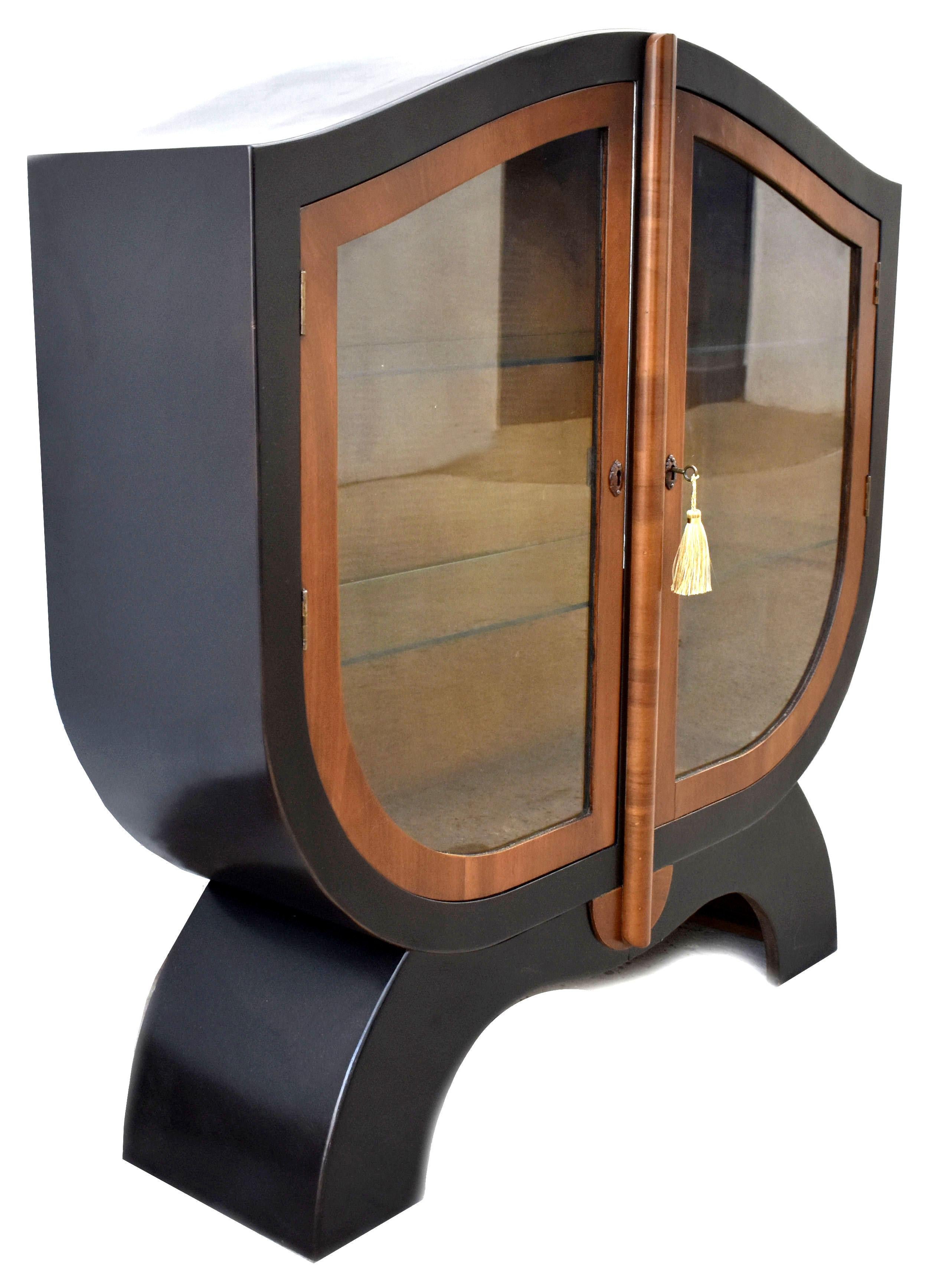 Art Deco Ebonized & Walnut Glass Vitrine Cabinet, English, c1930 2
