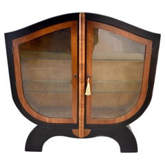 Vintage Art Deco Ebonized & Walnut Glass Vitrine Cabinet, English, c1930