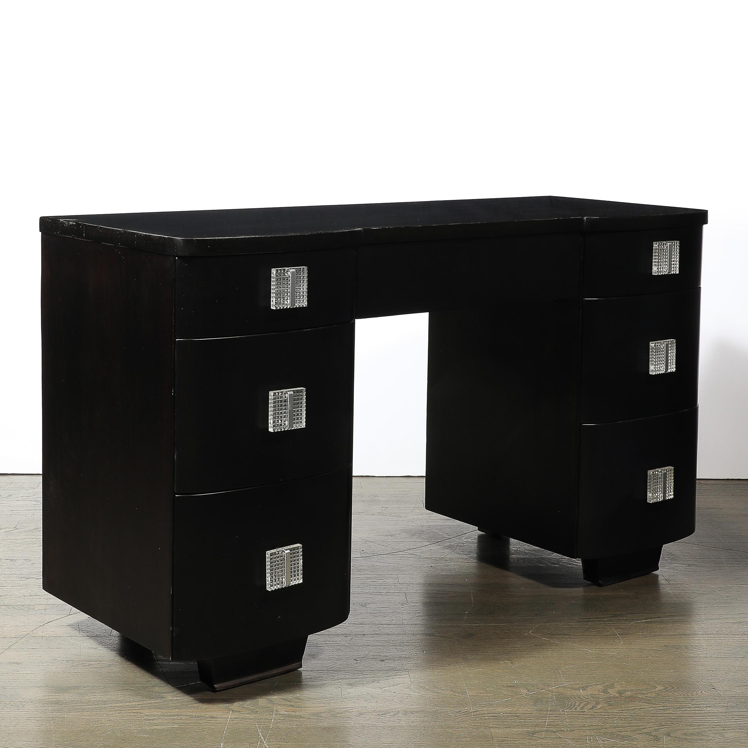 Art Deco Ebonized Walnut Vanity Desk W/Molded Lucite Pulls In Excellent Condition For Sale In New York, NY