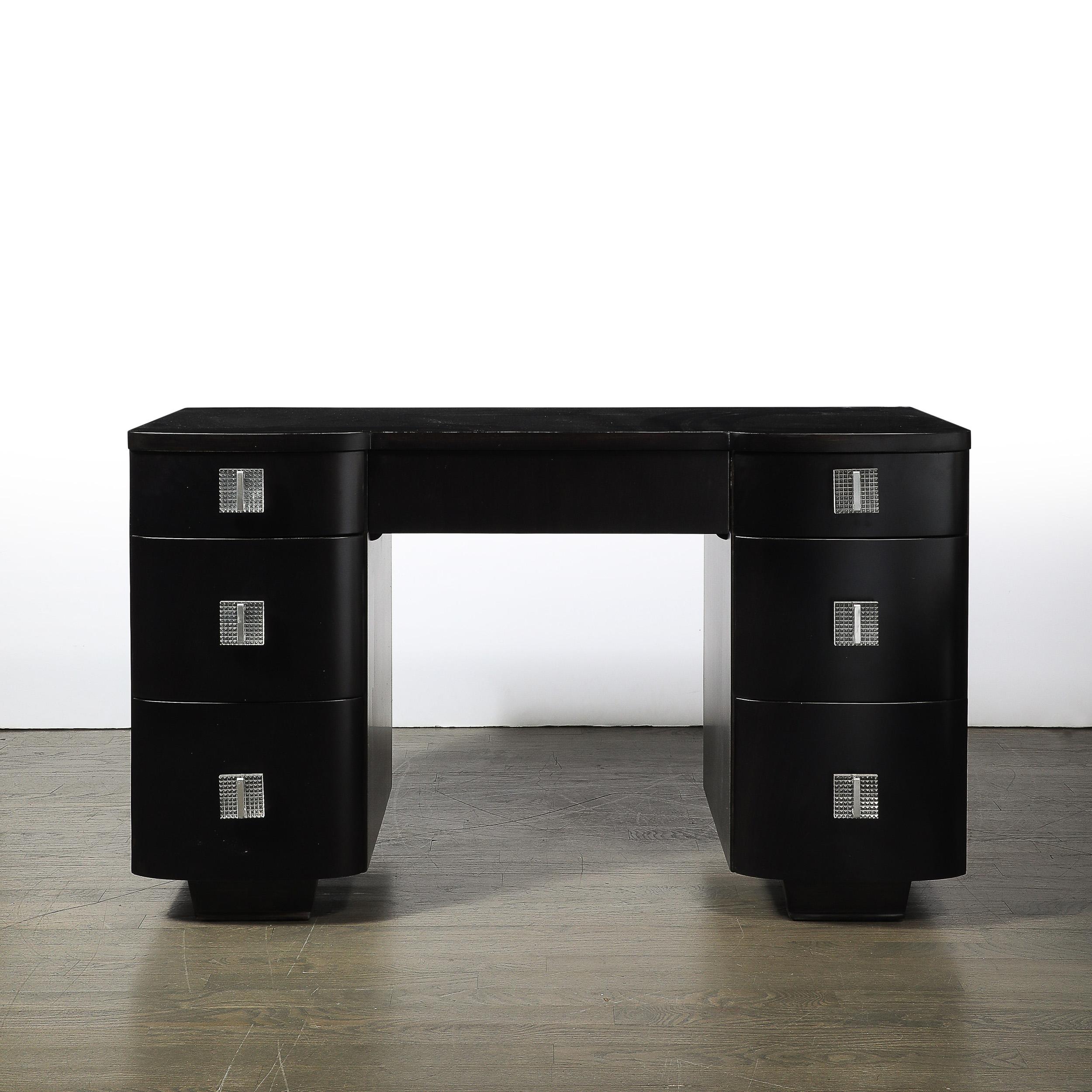 American Art Deco Ebonized Walnut Vanity Desk W/Molded Lucite Pulls For Sale