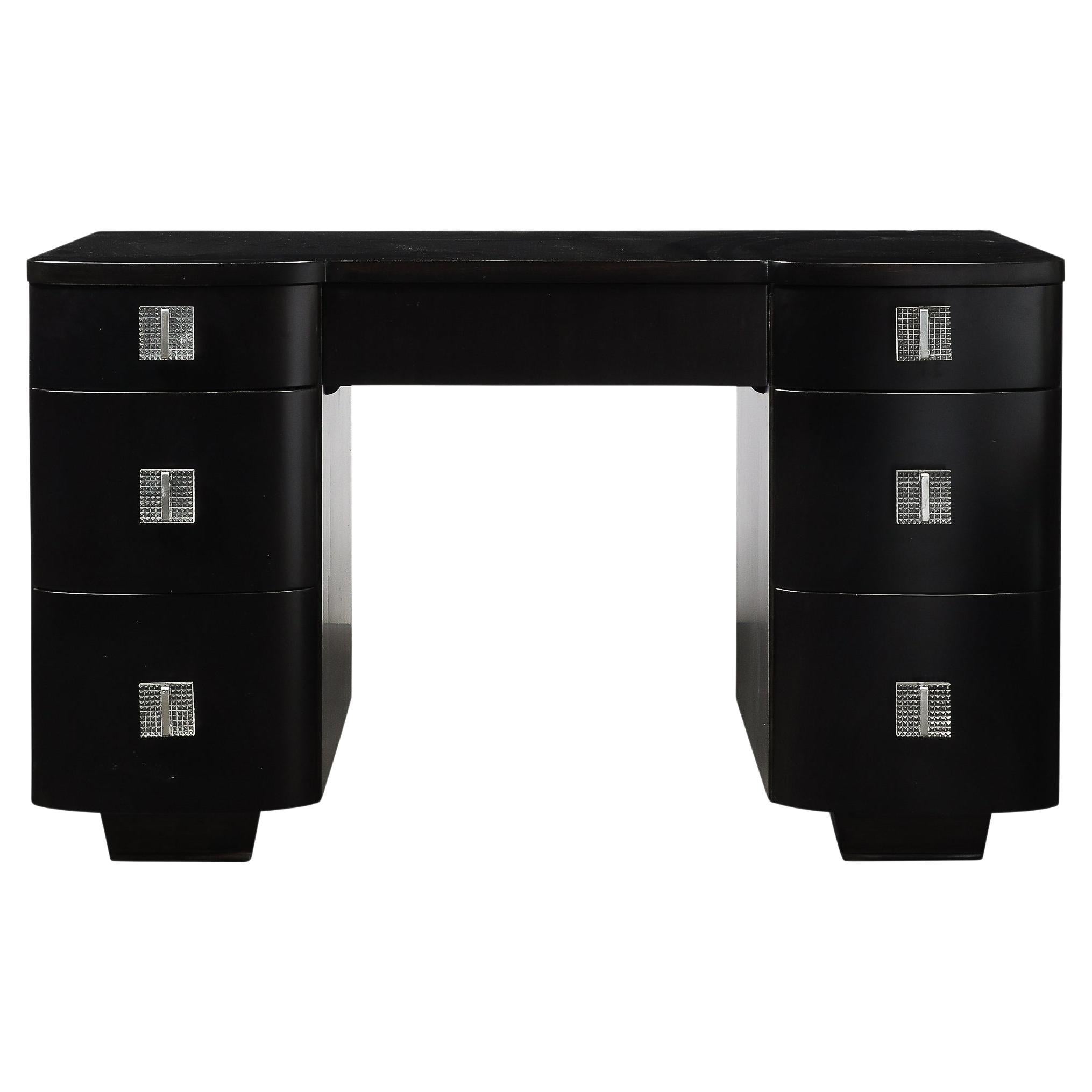 Art Deco Ebonized Walnut Vanity Desk W/Molded Lucite Pulls