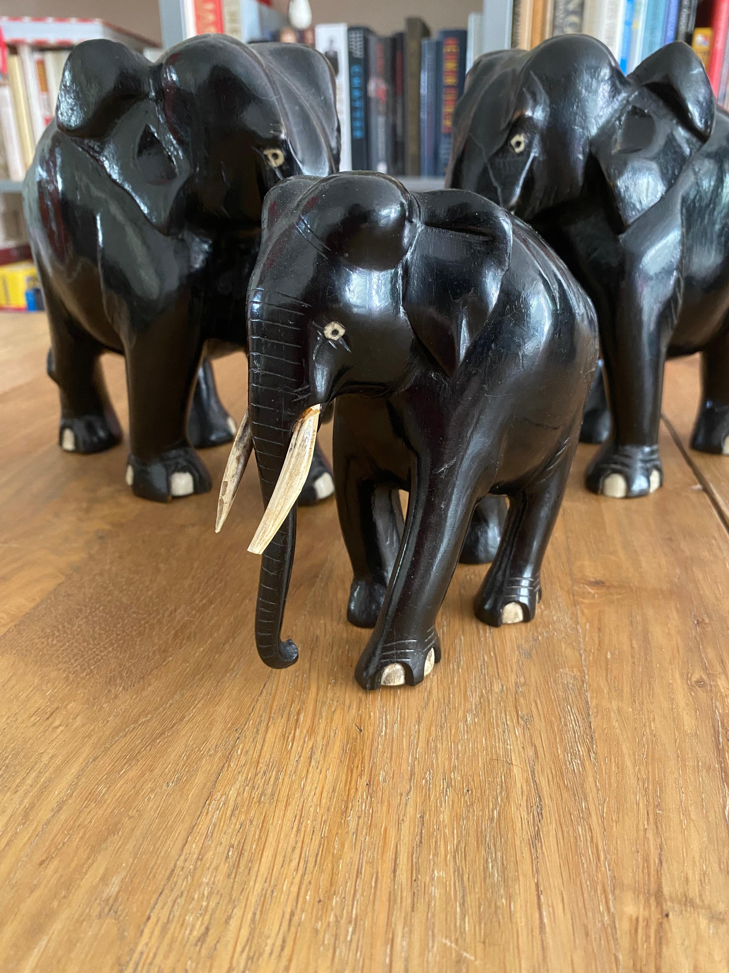 Indian Art Deco Ebony Elephant Family of 3 For Sale
