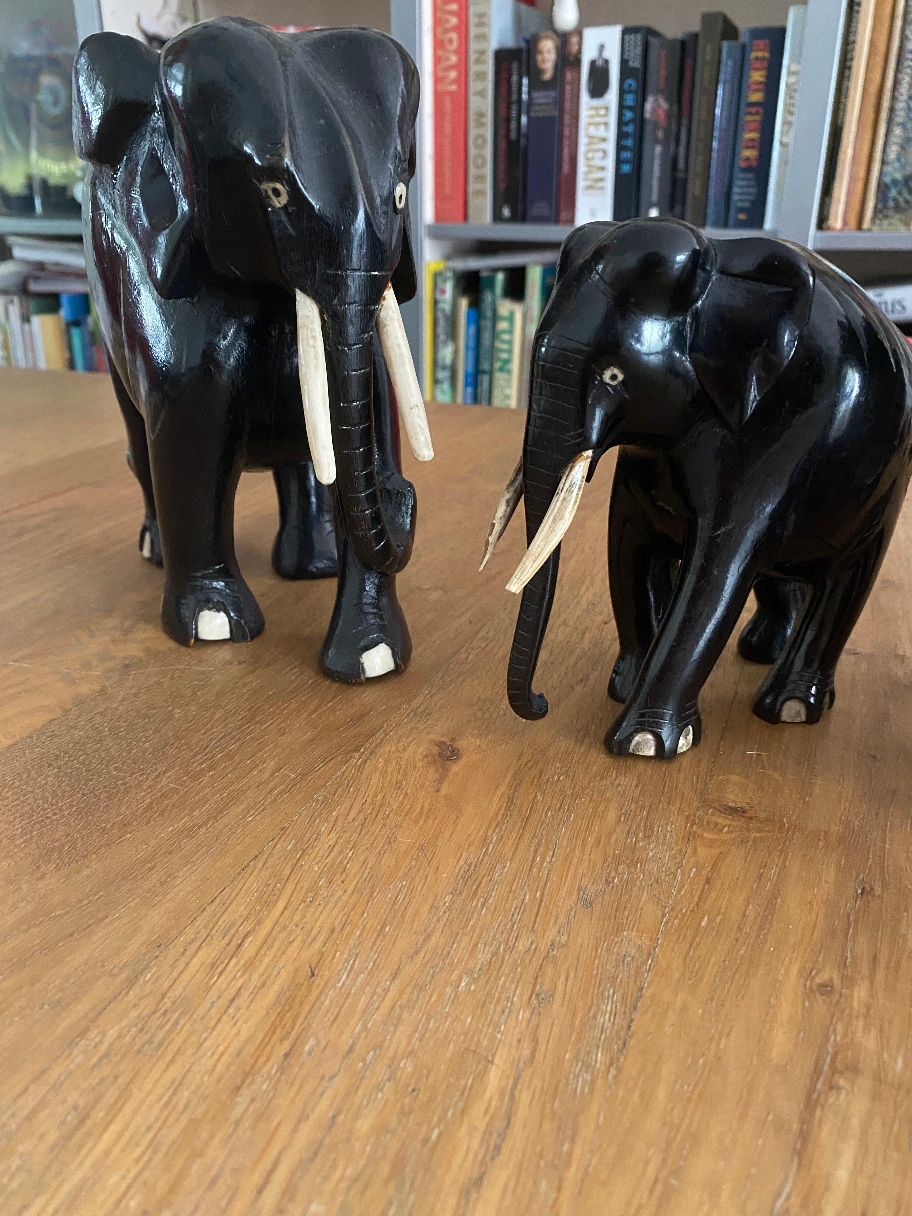 Hand-Carved Art Deco Ebony Elephant Family of 3 For Sale