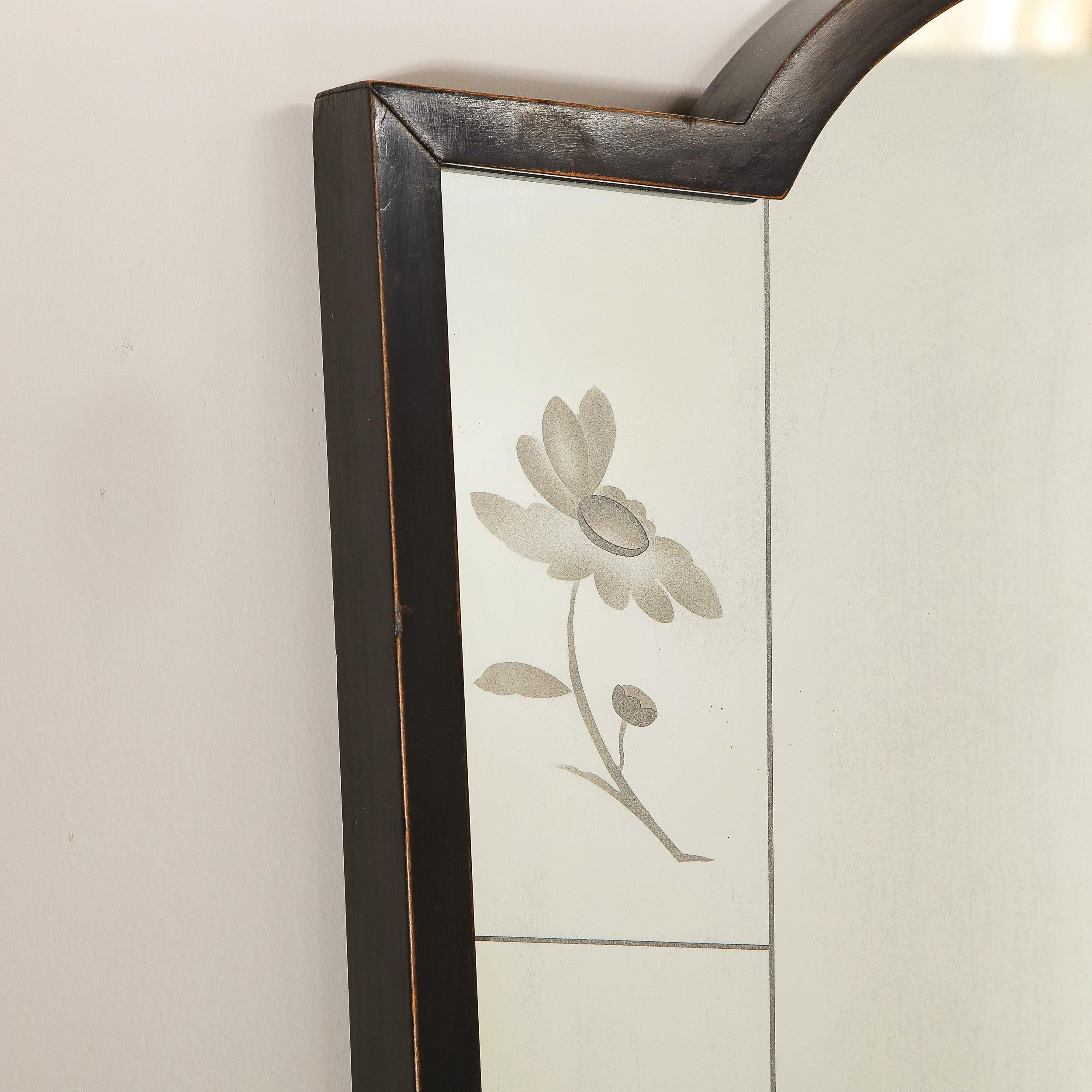 Art Deco Ebony Framed Mirror with Acid Etched Engraved Flowers by Luigi Brusotti For Sale 6