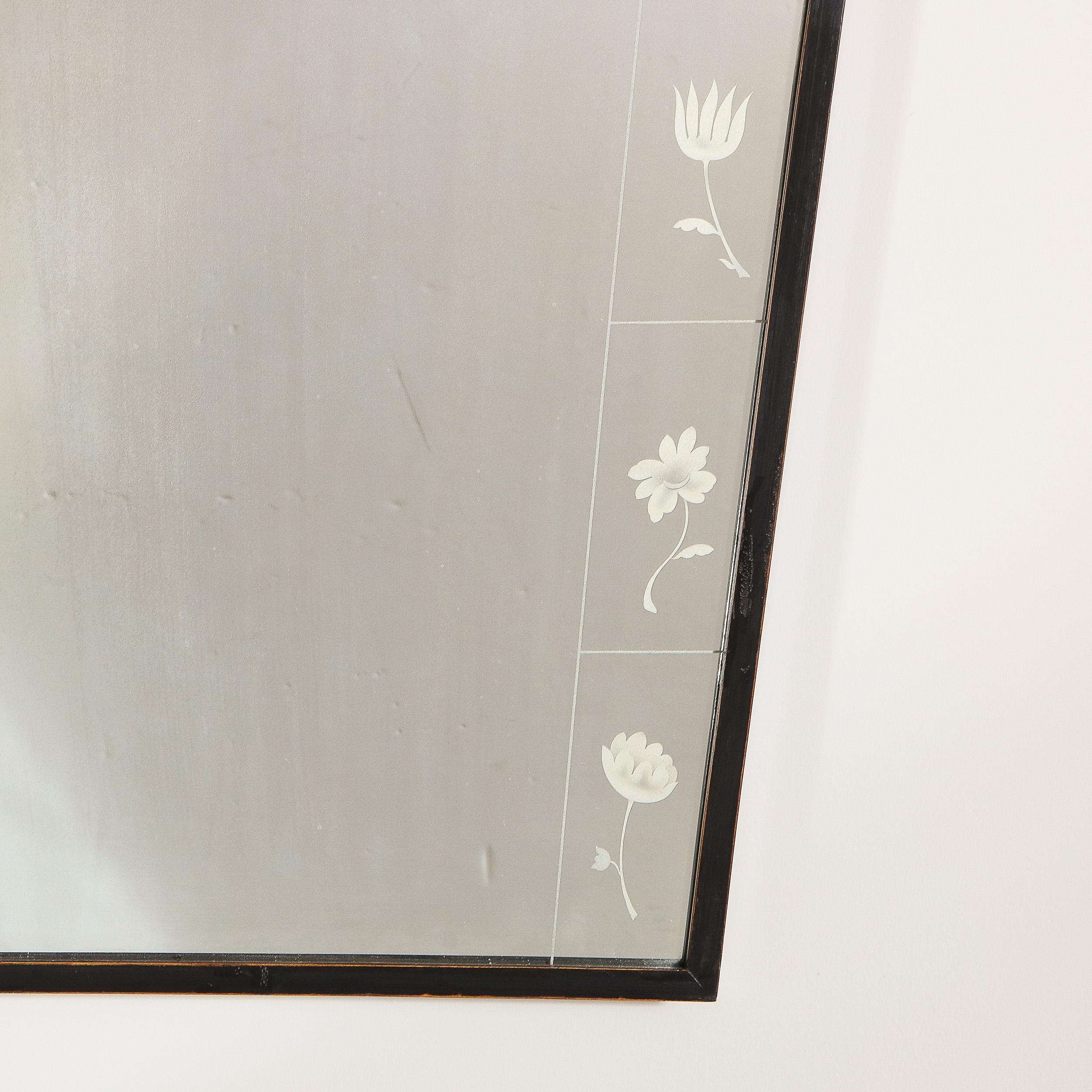 Italian Art Deco Ebony Framed Mirror with Acid Etched Engraved Flowers by Luigi Brusotti For Sale