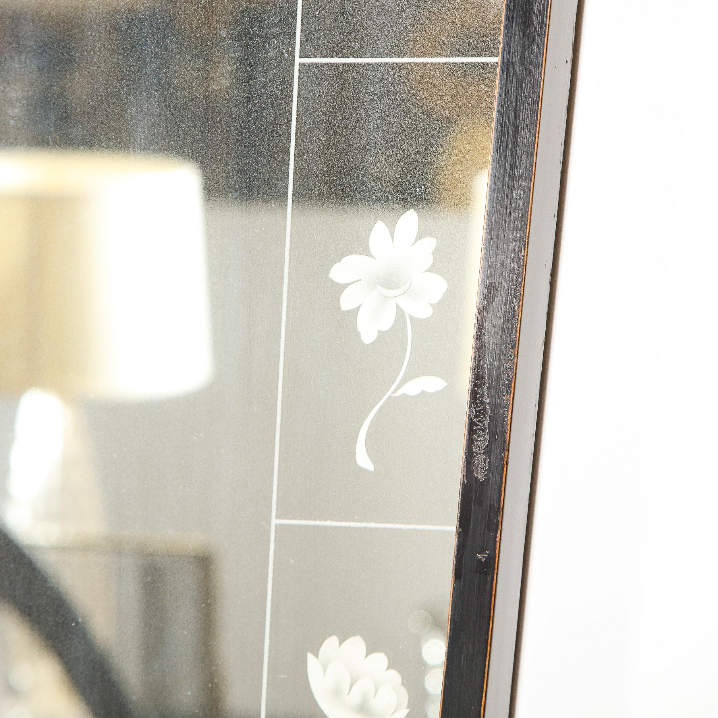 Mid-20th Century Art Deco Ebony Framed Mirror with Acid Etched Engraved Flowers by Luigi Brusotti For Sale