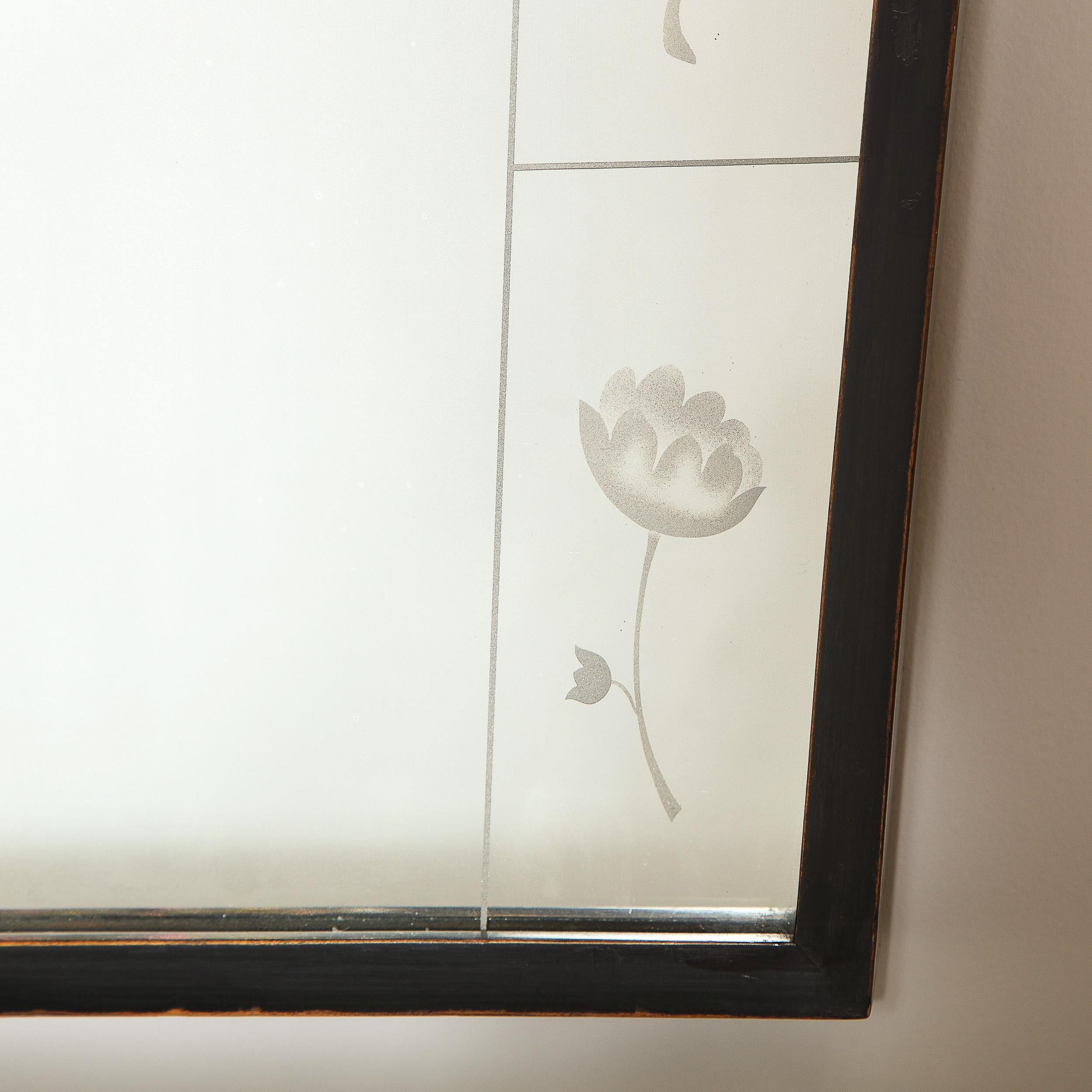 Art Deco Ebony Framed Mirror with Acid Etched Engraved Flowers by Luigi Brusotti For Sale 1