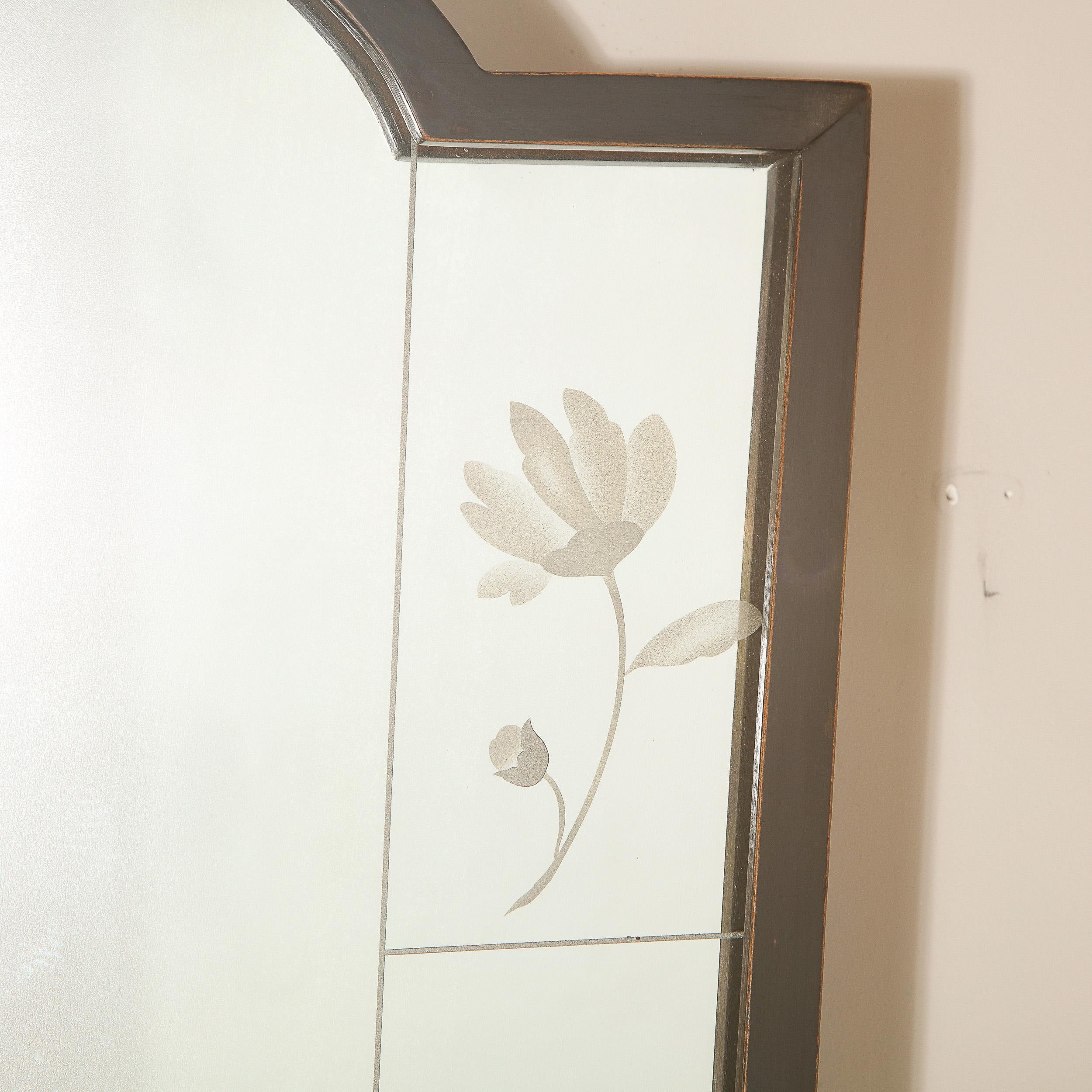 Art Deco Ebony Framed Mirror with Acid Etched Engraved Flowers by Luigi Brusotti For Sale 4