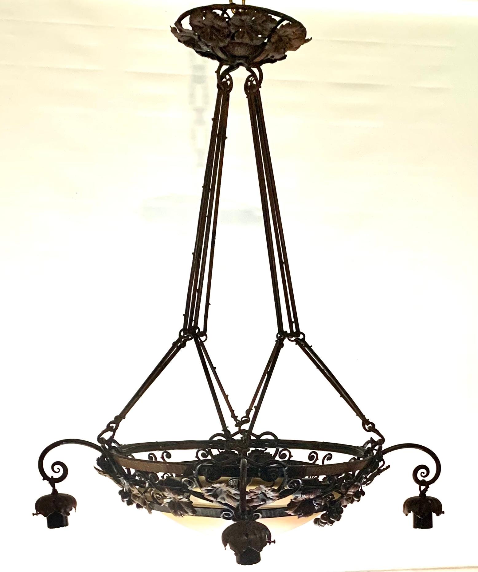 20th Century Art Deco Edgar Brandt Style Wrought Iron Art Glass 8 Light Grapes Chandelier For Sale