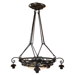 Art Deco Edgar Brandt Style Wrought Iron Art Glass 8 Light Grapes Chandelier