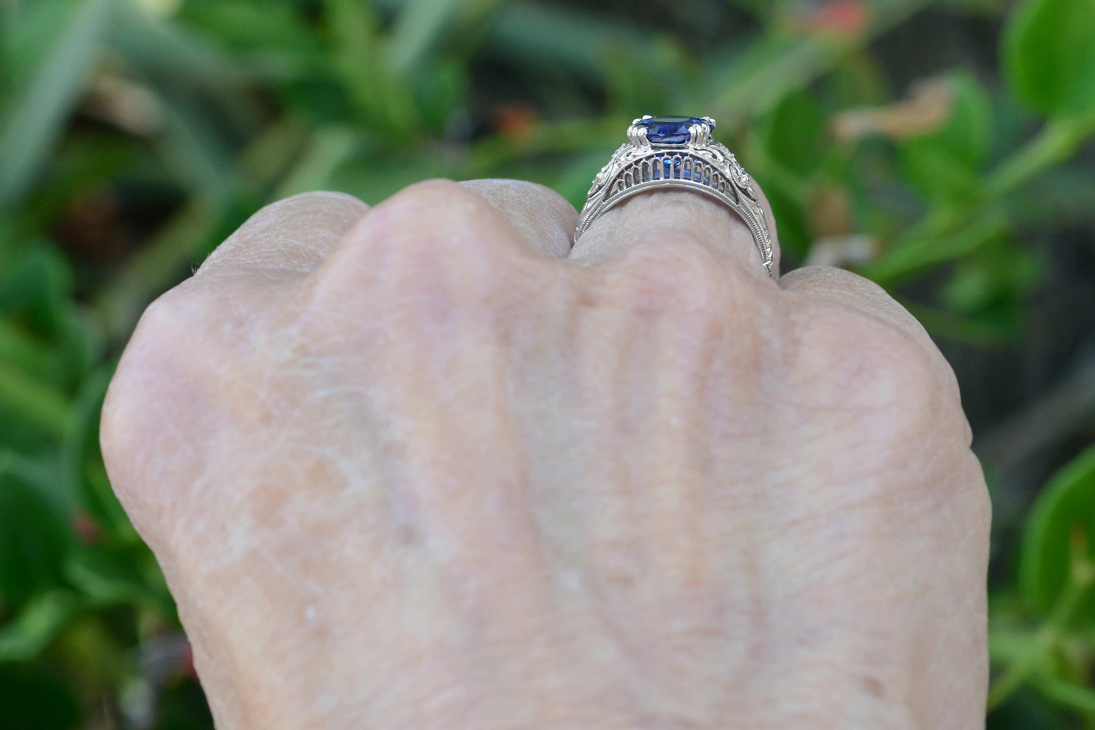 Round Cut Art Deco Edwardian Blue Sapphire Diamond Filigree Gem Solitaire Engagement Ring