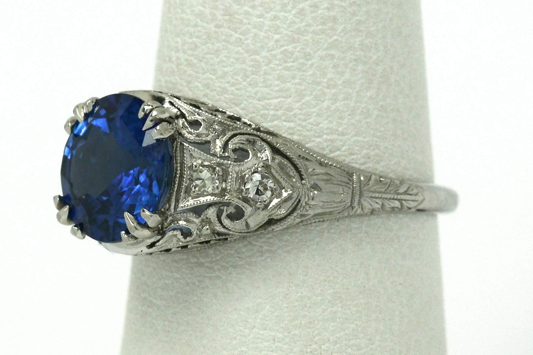 Women's Art Deco Edwardian Blue Sapphire Diamond Filigree Gem Solitaire Engagement Ring