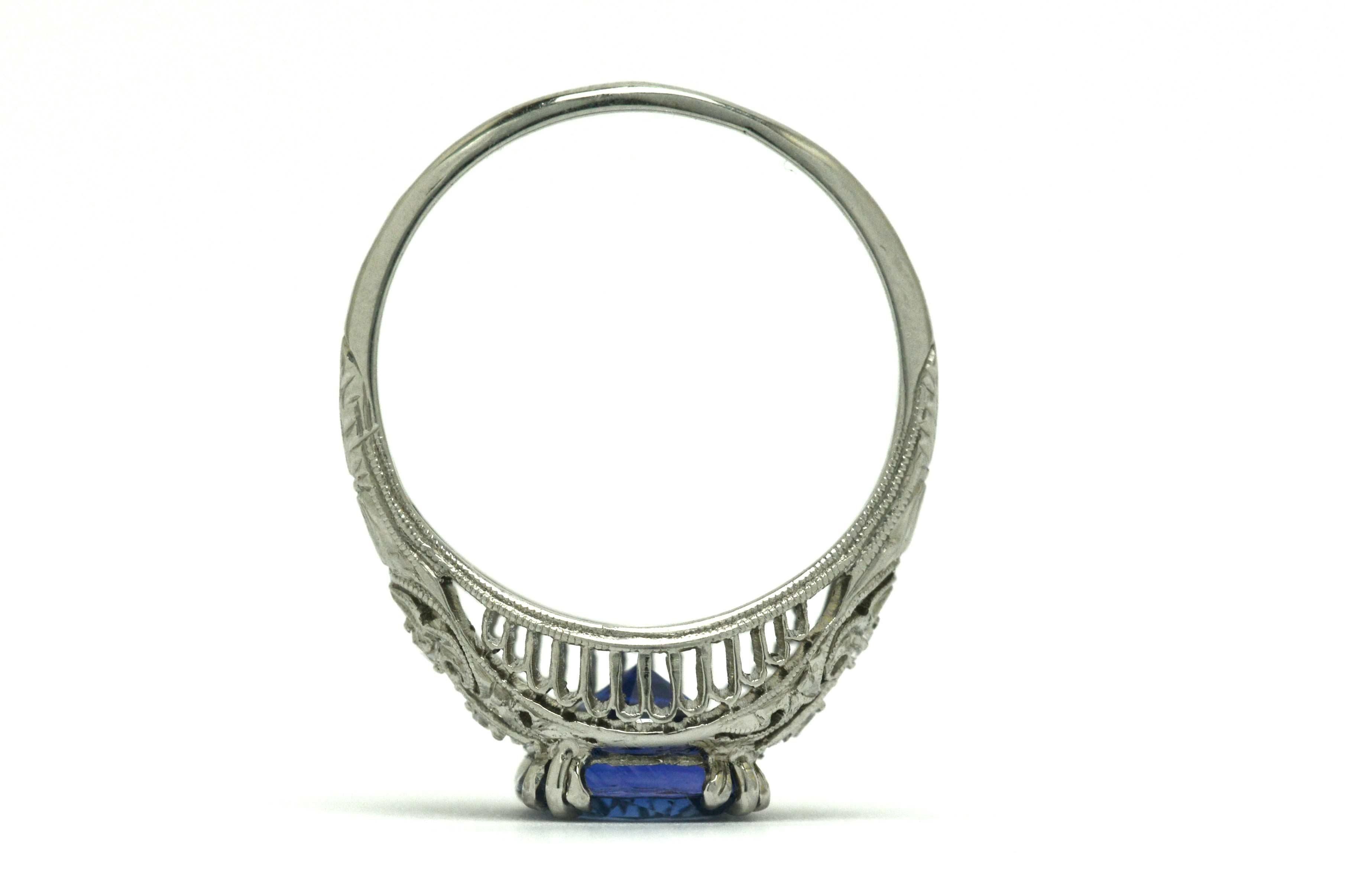Art Deco Edwardian Blue Sapphire Diamond Filigree Gem Solitaire Engagement Ring 1