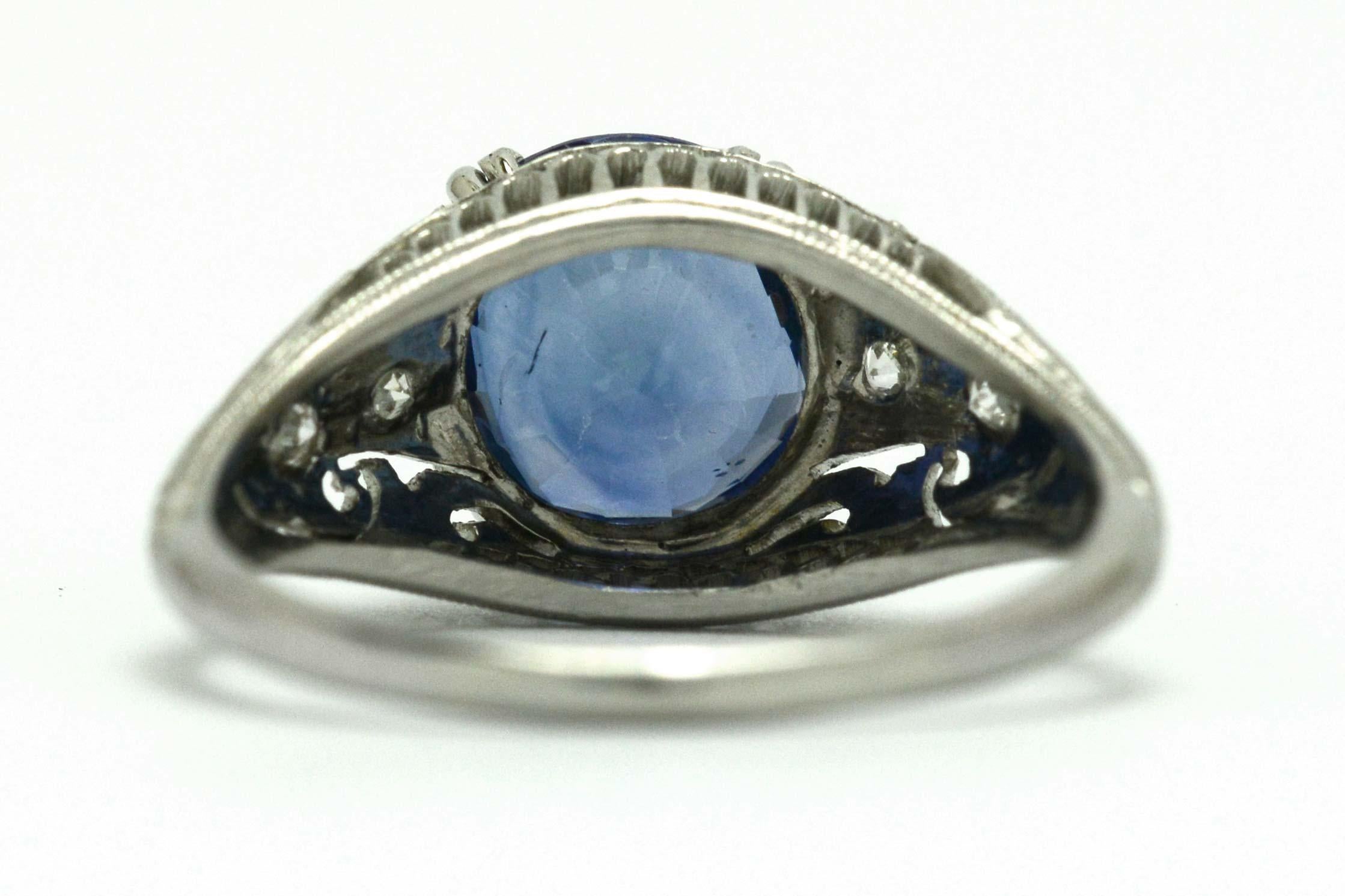 Art Deco Edwardian Blue Sapphire Diamond Filigree Gem Solitaire Engagement Ring 2