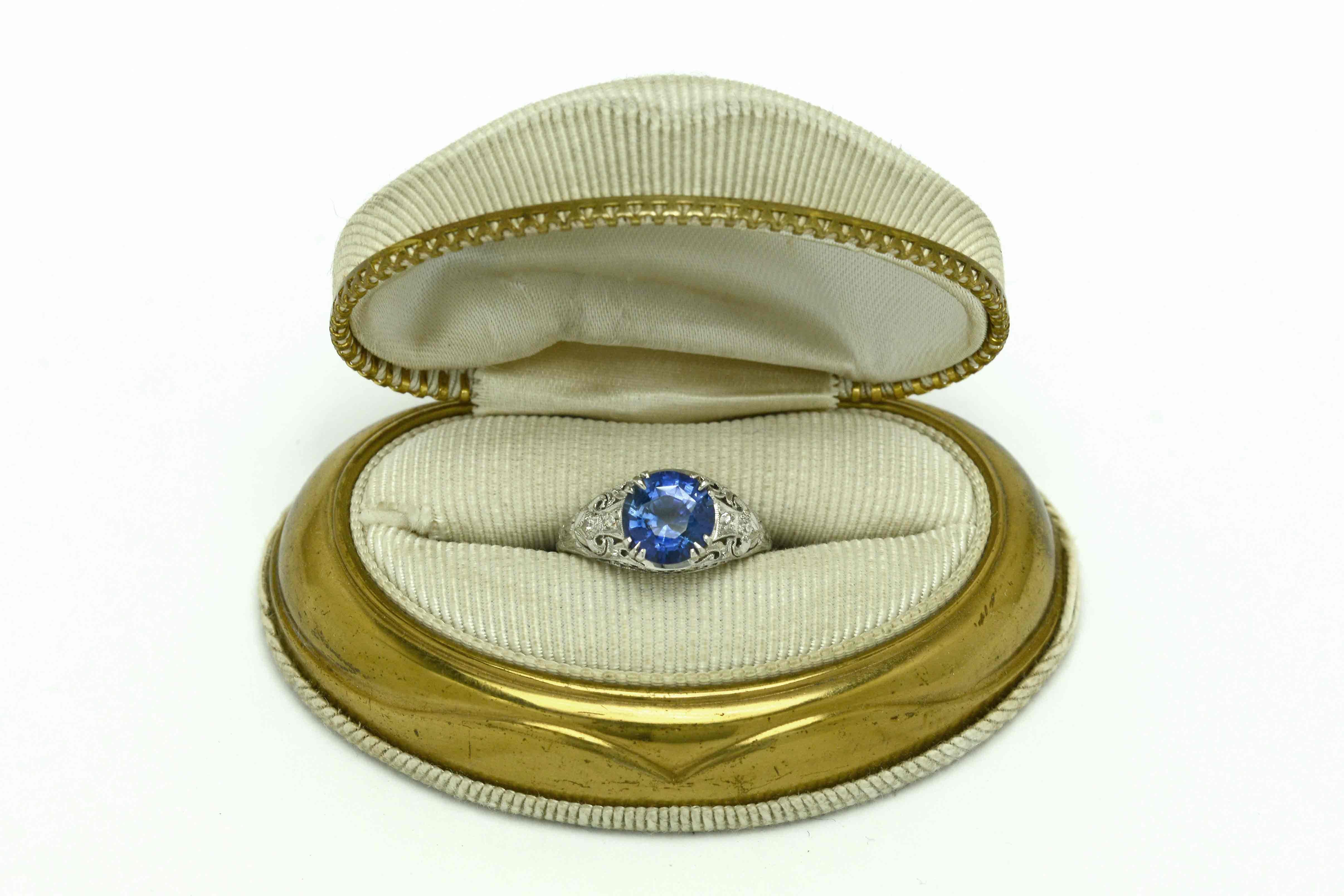 Art Deco Edwardian Blue Sapphire Diamond Filigree Gem Solitaire Engagement Ring 3