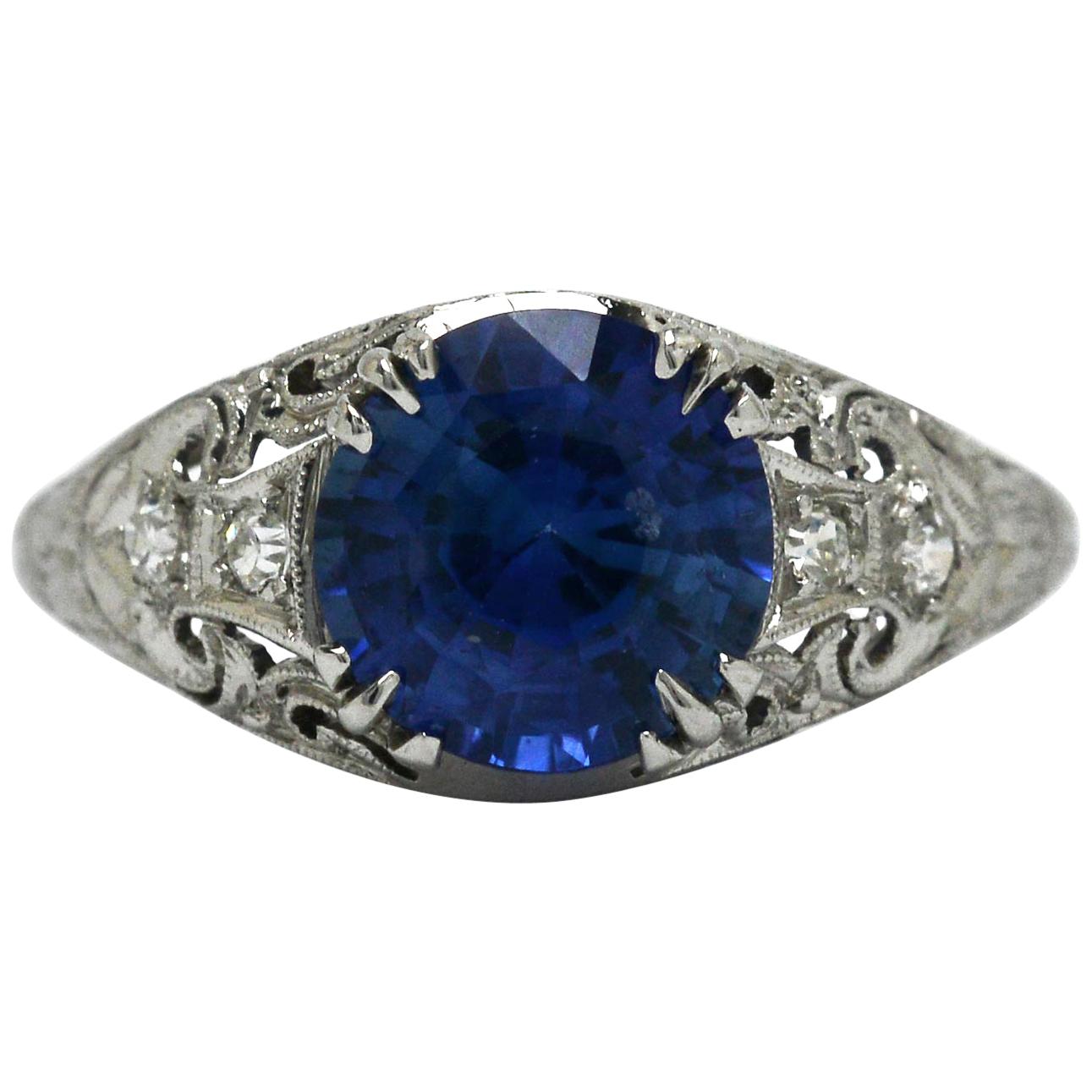 Art Deco Edwardian Blue Sapphire Diamond Filigree Gem Solitaire Engagement Ring