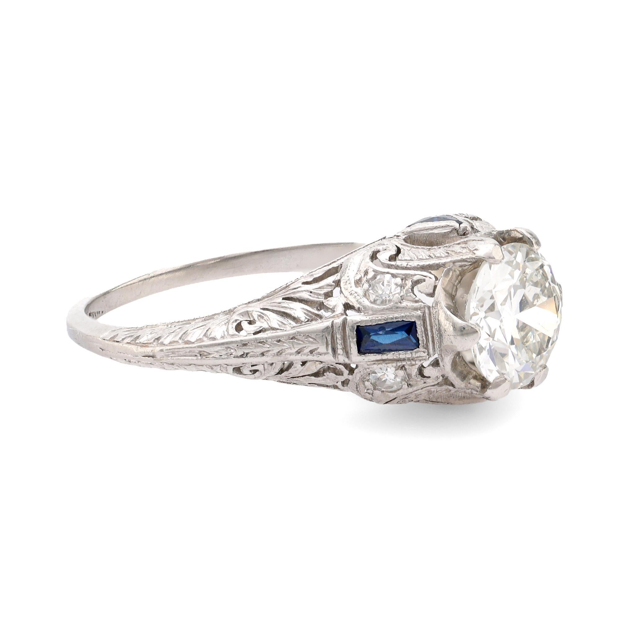 Brilliant Cut Art Deco EGL 1.04 carat diamond sapphire platinum ring For Sale