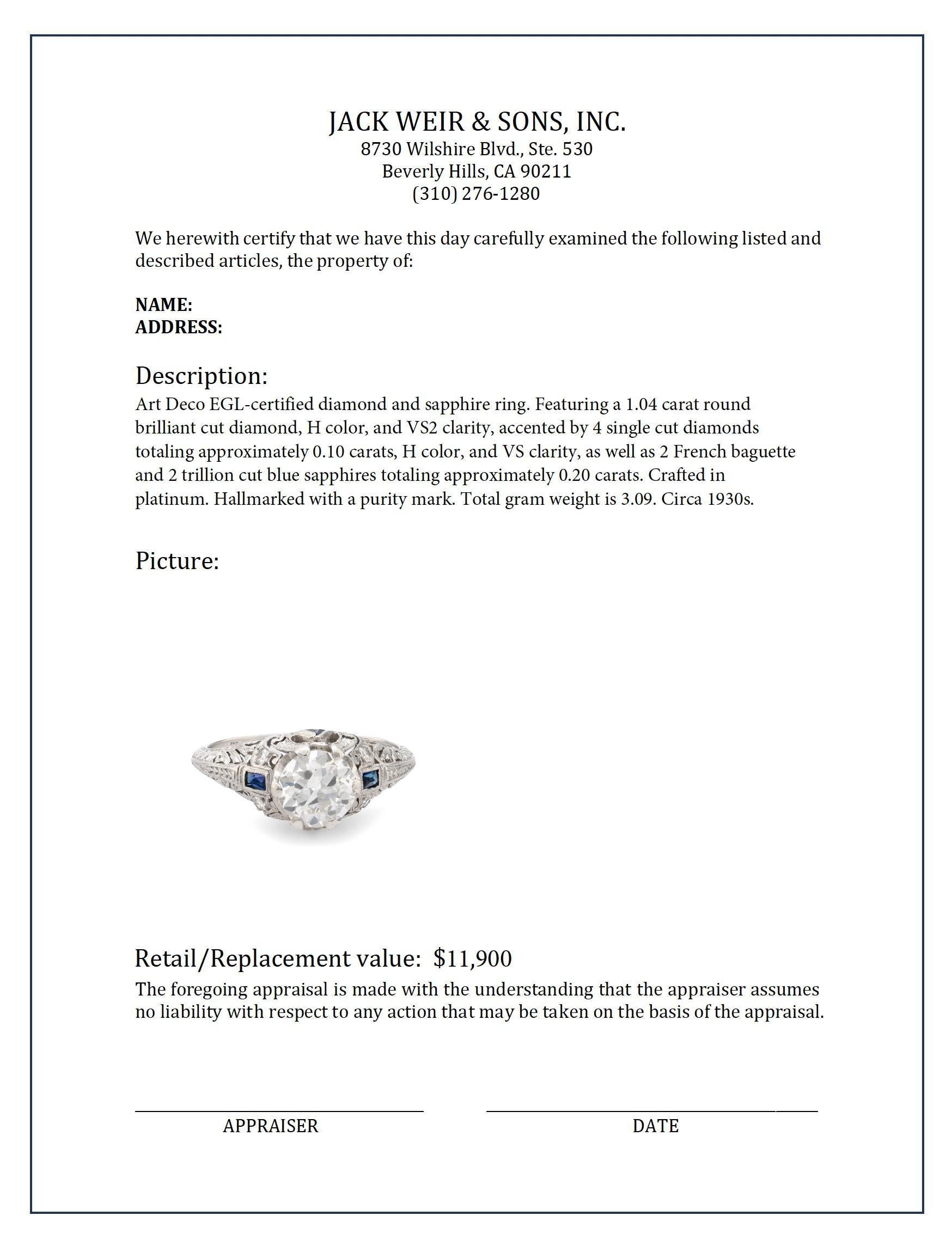 Women's or Men's Art Deco EGL 1.04 carat diamond sapphire platinum ring For Sale