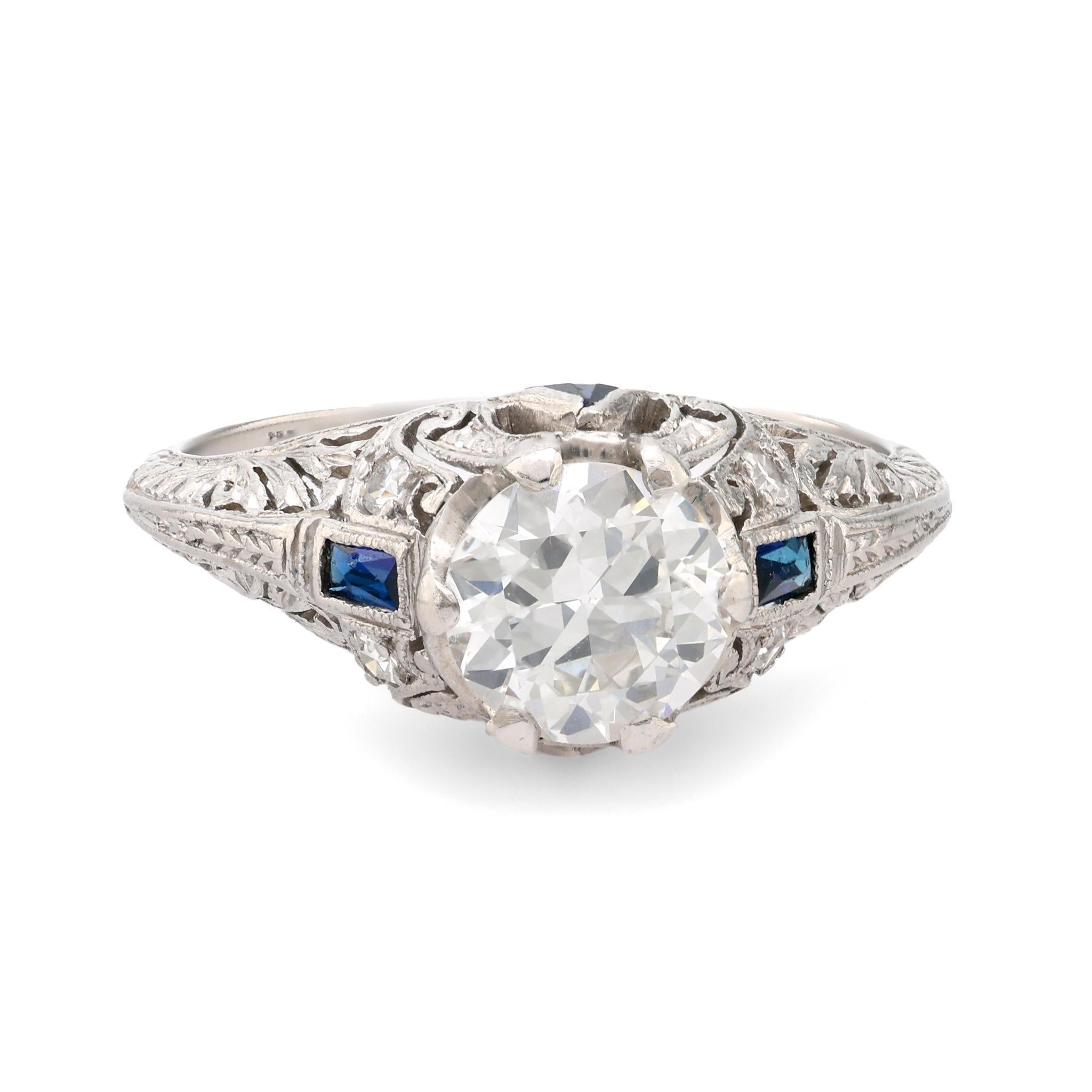Art Deco EGL 1.04 carat diamond sapphire platinum ring For Sale