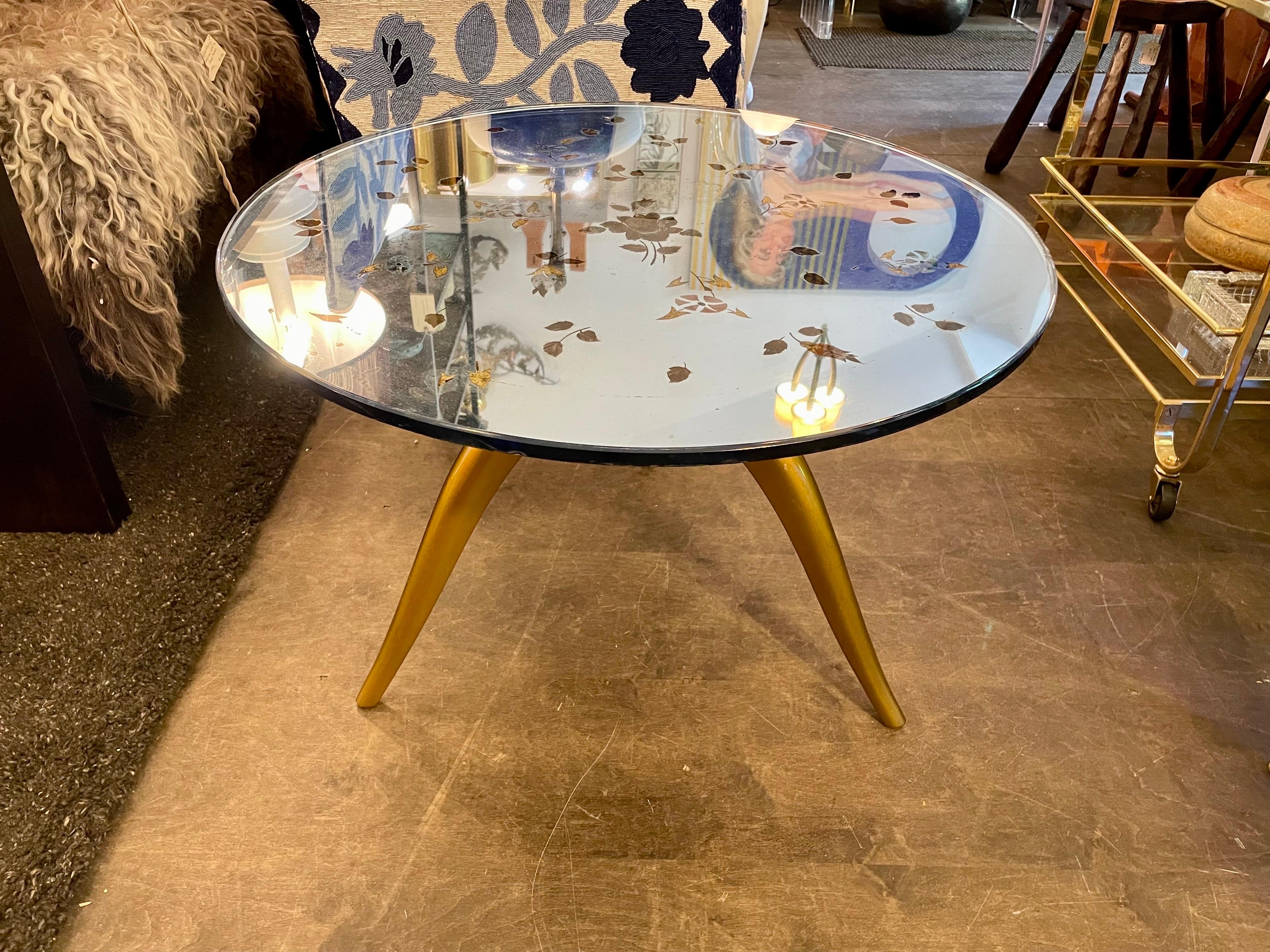 Miroir Table d'appoint Art Déco bleu églomisé avec miroir, attribuée à Jules Leleu en vente