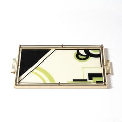 Art Deco Eglomise Cubist Graphic Geometric Motif Tray w/ Cream Lacquered Border