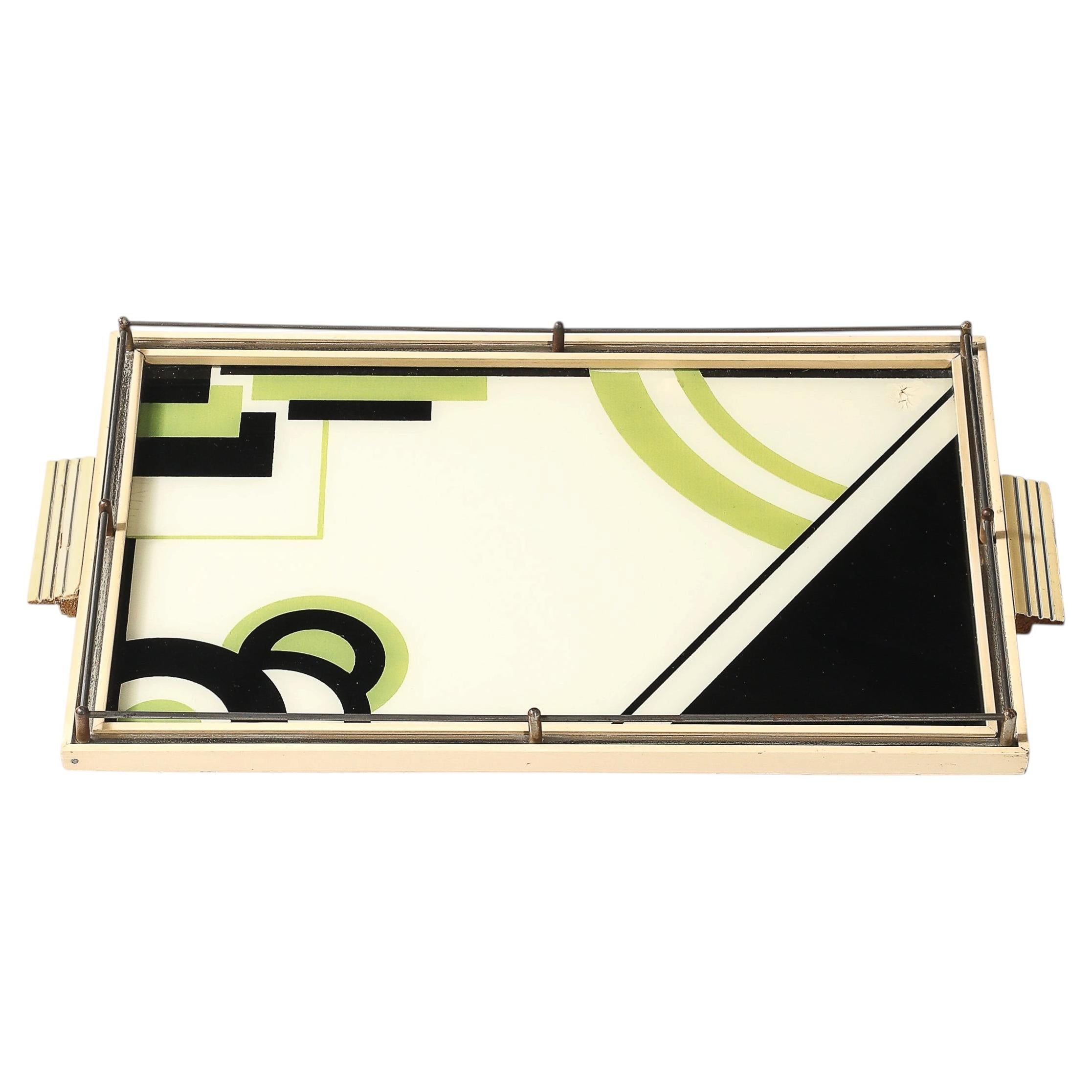 Art Deco Eglomise Kubistische Grafik Geometrisches Motiv Tablett mit cremefarbener Lackierung Rand