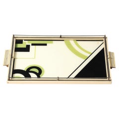 Art Deco Eglomise Cubist Graphic Geometric Motif Tray w/ Cream Lacquered Border