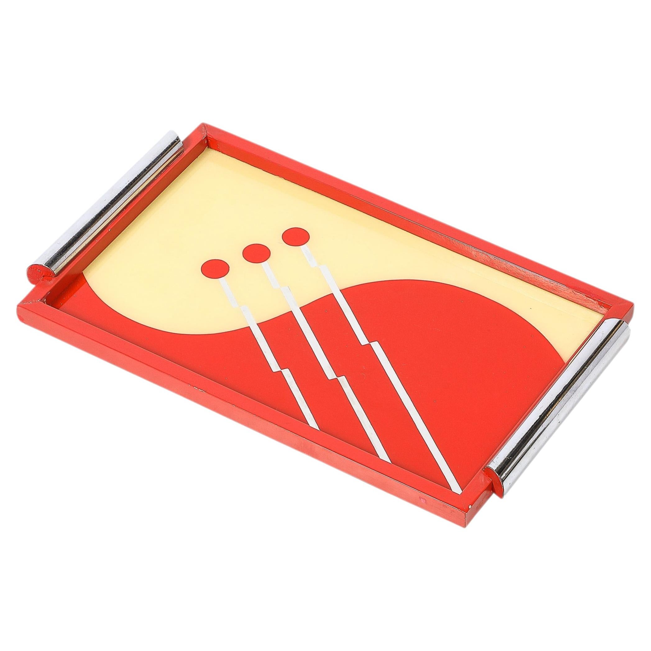 Art Deco Eglomise Graphic Geometric Detailed Tray in Vermillion Red & Yellow