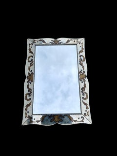 Art Deco Verre Églomisé Mirror, Painted Decor, France, Circa 1940s