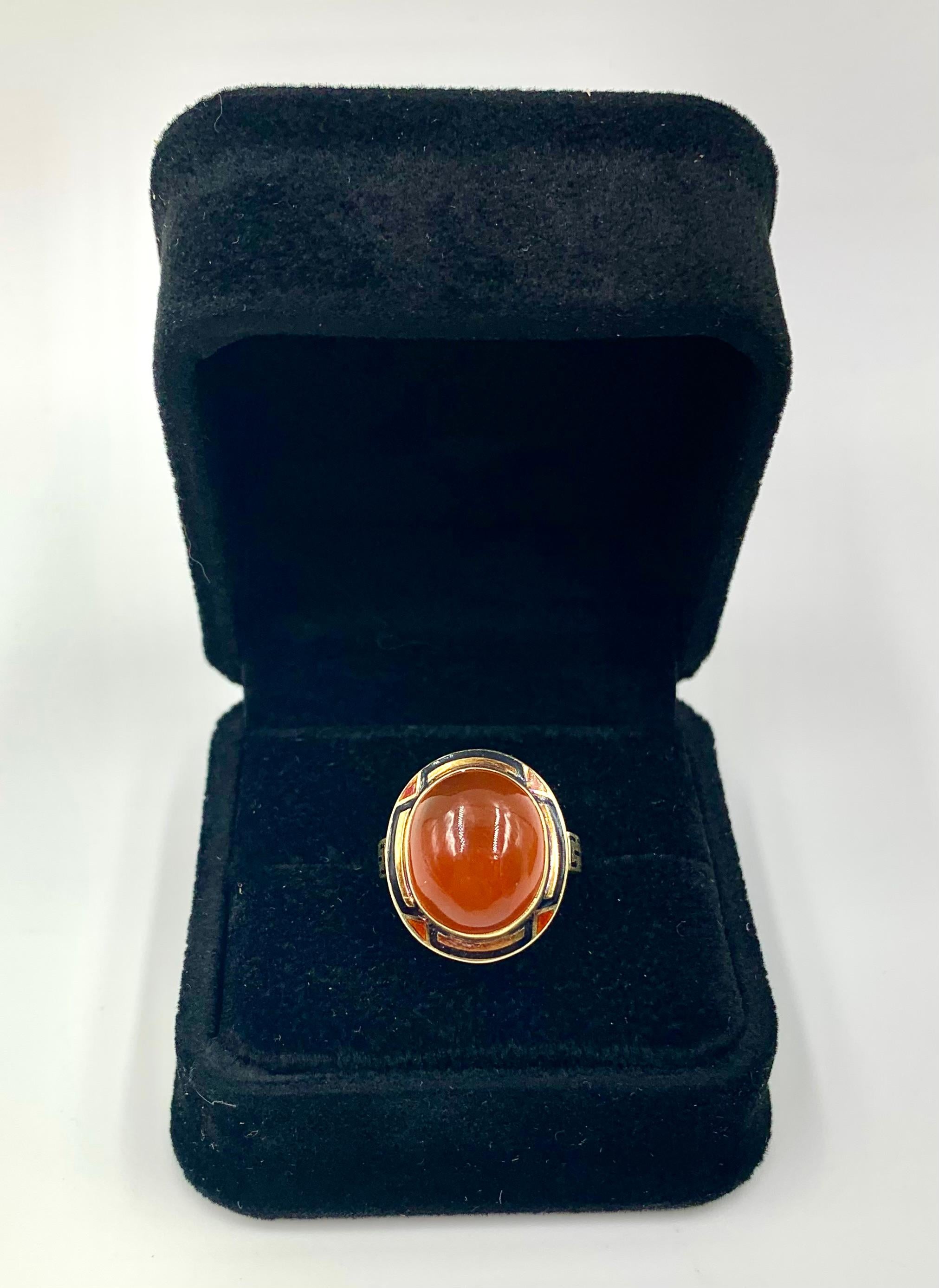 Art Deco Egyprian Revival Polychrome Enamel 14K Gold Cabochon Carnelian Ring For Sale 6