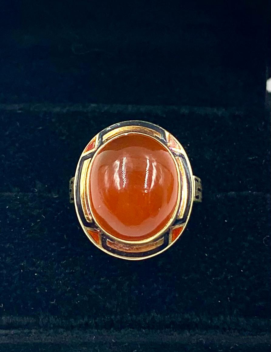 Art Deco Egyprian Revival Polychrome Enamel 14K Gold Cabochon Carnelian Ring For Sale 9